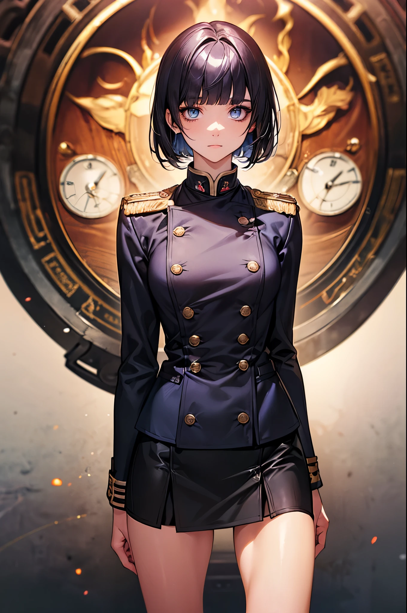 ,((perfect anatomy:1.2,realistic:1.3,RAW Photography:1.3,masterpiece、highest quality、Ultra - High resolution、High resolution、Highly detailed CG、8K)),cowboy shot,1 female,solo,18 year old beauty, Japanese、((beautiful detailed face and eyes:1.2,big gorgeous eyes:1.2)),dark purple hair,short bob cut hair,blunt bangs,medium breasts,slender body,small head:1.3,skinny,(oily skin,gleaming skin,shiny skin),taisho steampunkファッション、black military uniform、mini skirt、bare legs、combat boots,soldier、taisho steampunk、