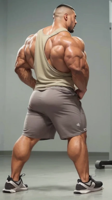 (one or two bodybuilders:1.4), (back view:1.4), (tank top:1.4), (at gym locker room:1.4), 40's, Japanese man, Chinese man, Korean man, Taiwanese man, manly face, fat face, (round face:1.4), (monolid eyes:1.2), (buzz cut:1.4), very large and strong body, bulky body, beefy muscles, (bulging muscles:1.4), (very large pectoral muscles:1.4), (muscular arms:1.4), muscular abs, muscular legs, muscular back, brightens oily skin, master piece, (realistic:1.4), panorama, distant view