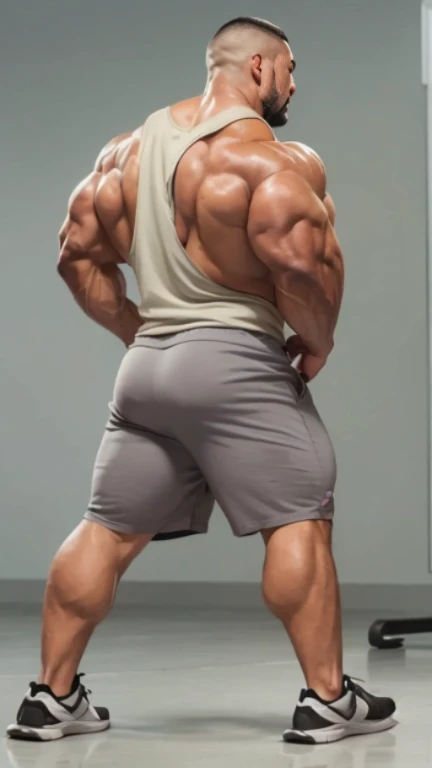(one or two bodybuilders:1.4), (back view:1.4), (tank top:1.4), (at gym locker room:1.4), 40's, Japanese man, Chinese man, Korean man, Taiwanese man, manly face, fat face, (round face:1.4), (monolid eyes:1.2), (buzz cut:1.4), very large and strong body, bulky body, beefy muscles, (bulging muscles:1.4), (very large pectoral muscles:1.4), (muscular arms:1.4), muscular abs, muscular legs, muscular back, brightens oily skin, master piece, (realistic:1.4), panorama, distant view