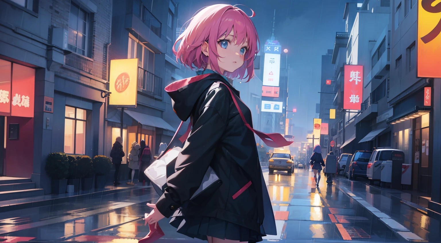 Anime girl walking down the street in the rain at night,, In 80&#39;s anime art style, anime girl running, 「Ramona flowers」, space girl, anime style 4k, 80&#39;s anime art style, Praise your art style, official fan art, anime style illustration