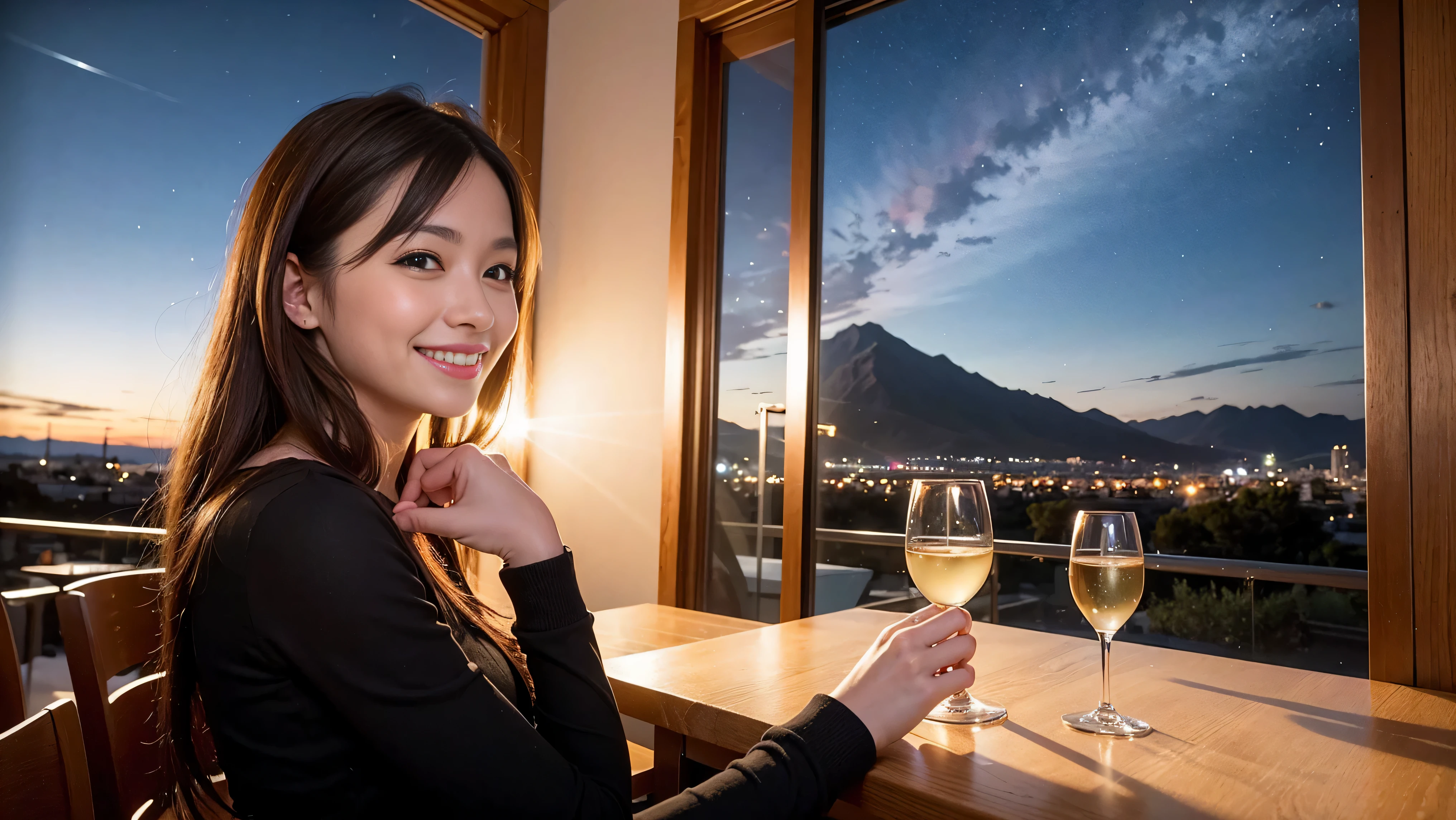 K, UHD, highest quality, masterpiece: 1.2), (realistic, photorealistic: 1.37), Spectacular view of the sunset sky and clouds、Amazing mountain views、A bright smile、3 slim beauties, (slim face),Happy、 the best smile、Fox face、Berry Short、charming beauty witch, (brown hair), (shortcut), long sleeve shirt、winter fashion、Japanese、Dutch、German、Portuguese、Belgian、Italian、French,Champagne、sparkling wine、 (squirt), (slim body), (brown hair), (shortcut), neat beauty、cheeks turn a little red, (43 years old), 39 years old, alone, A beautiful and detailed night view spreads out outside the window....., restaurant, wine glass is sitting, At night, in a prominent place (from the Upper body) nova frog style, actress, model, Upper body, White wine, slim, wine glass, Very beautiful night view, wine glass Put in the Middle, Happy smile, (smile: 1.15),