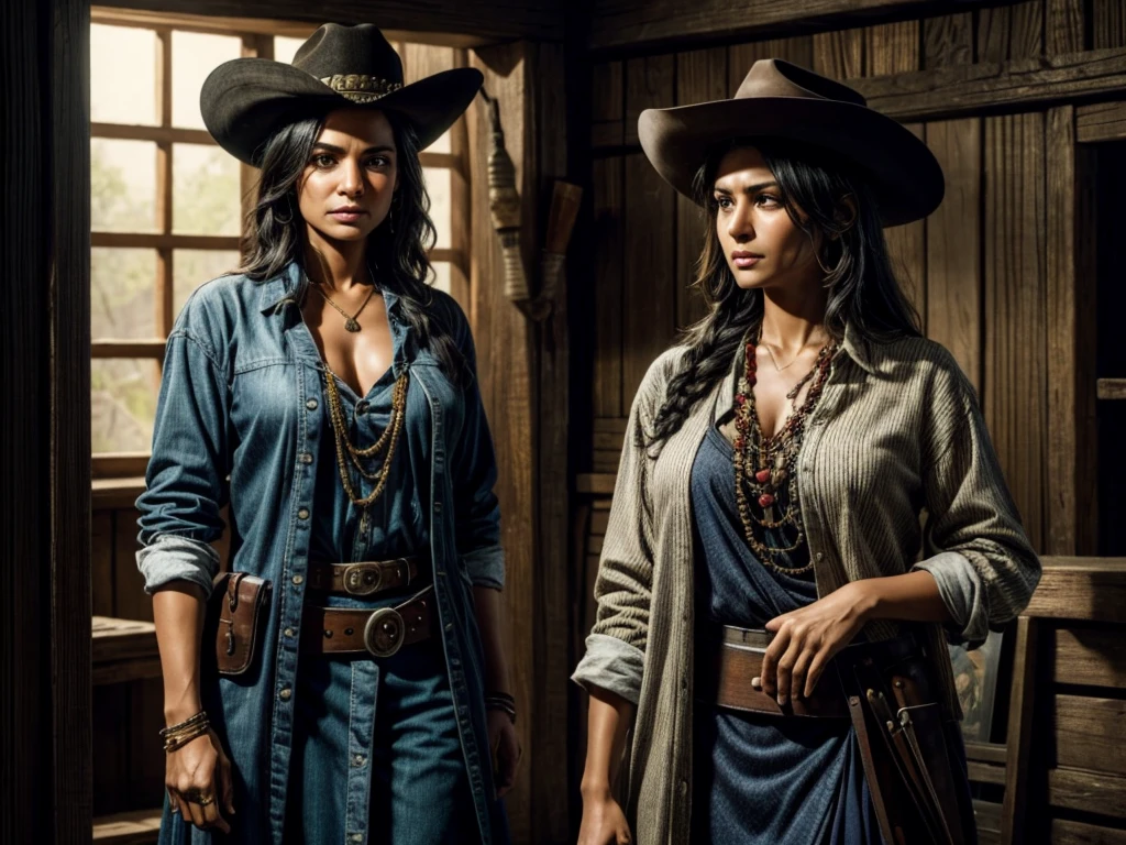 A female sheriff and an Indian in a Wild West setting in the middle of a gunfight in a saloon. [Wild West,western] [female sheriff,brave,confident] [Indian,cultural attire] [saloon,old wooden structure] [gunfight,intense action] [dark lighting] [dusty atmosphere] [vivid colors] (best quality,4k,8k,highres,masterpiece:1.2),ultra-detailed,(realistic,photorealistic,photo-realistic:1.37)