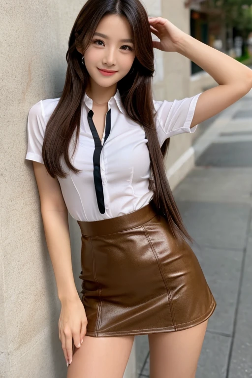 full body, highest quality, realistic, Super detailed, finely, High resolution, 8k wallpaper, 1 beautiful woman,, light brown messy hair, wearing a business suit, Thin, tight-fitting shirt、sharp focus, perfect dynamic composition, beautiful and detailed eyes, thin hair, Detailed realistic skin texture, smile, close-up portrait, Sexy Model Body Type、Nipples are noticeable、Long, muscular, beautiful legs、beautiful feet、super mini tight skirt、big hips、toned ankles、Thin black pantyhose、You can see the toes of the high heels、perfect style、sit on a chair、perfect style、