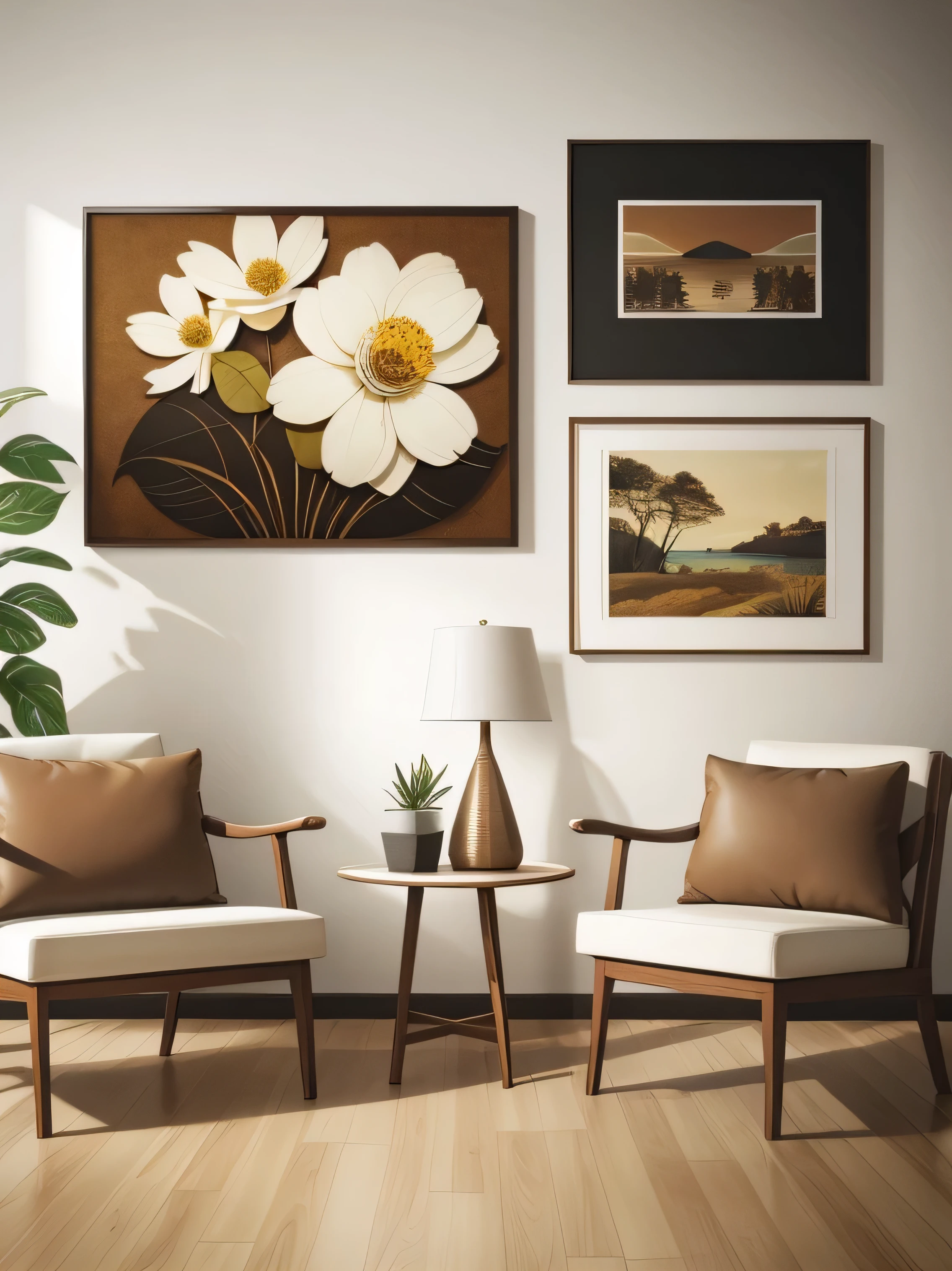 There are two chairs and a table in the room,Pictures on the walls, brown flower, art deco nature, poster retro, dark ocher and white, Brown and Cream Color Scheme, Inspired by George Ott, brown and white color scheme, brown and white, Plant Poster, black and brown, Modern Art Style, medieval art, Earthy