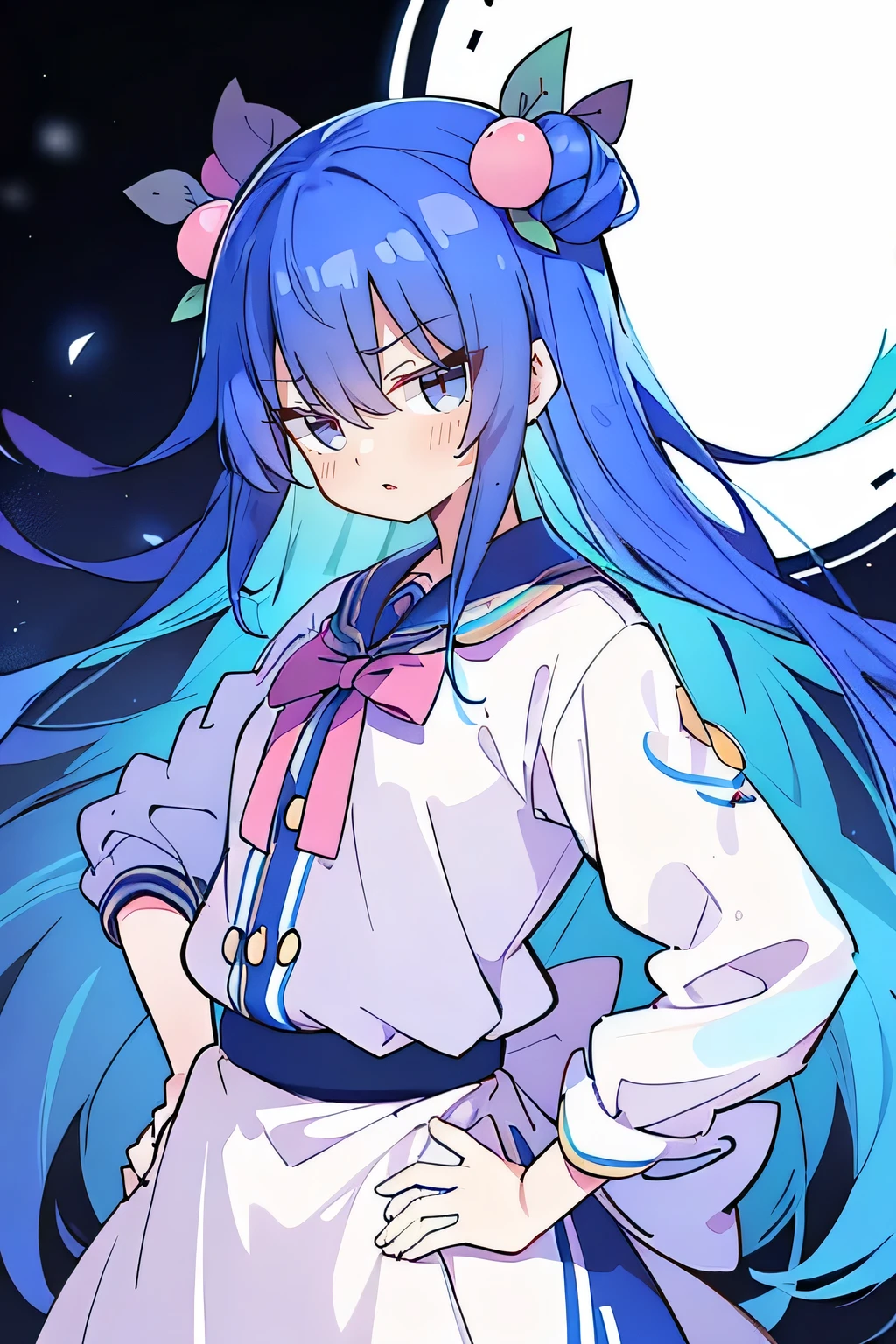 (masterpiece),best quality, expressive eyes, perfect face, 1girl,
Put your hands on your waist,fair, Gorgeous,Japanese cartoons,girl,lola,Hina Angel, blue hair, blue haired, floating clothes,Grab your waist, Grab your waist, hands on hips , hands on hips,flat chest