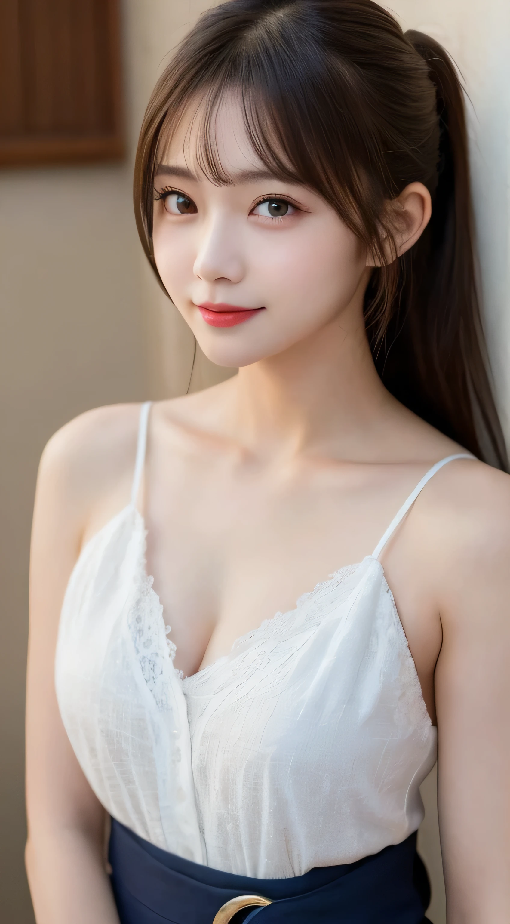 table top,(highest quality, masterpiece:1.2), Super detailed, High resolution, 8k wallpaper, perfect dynamic composition, detailed and beautiful eyes, long hair,small breasts, natural color lips, bold sexy pose, shy smile, 20-year-old, cute woman, cute style, Tokyo, sexy shot looking at camera, summer fashion,hairstyle ponytail,Show off your chest,Cross neck dress,My chest is open,