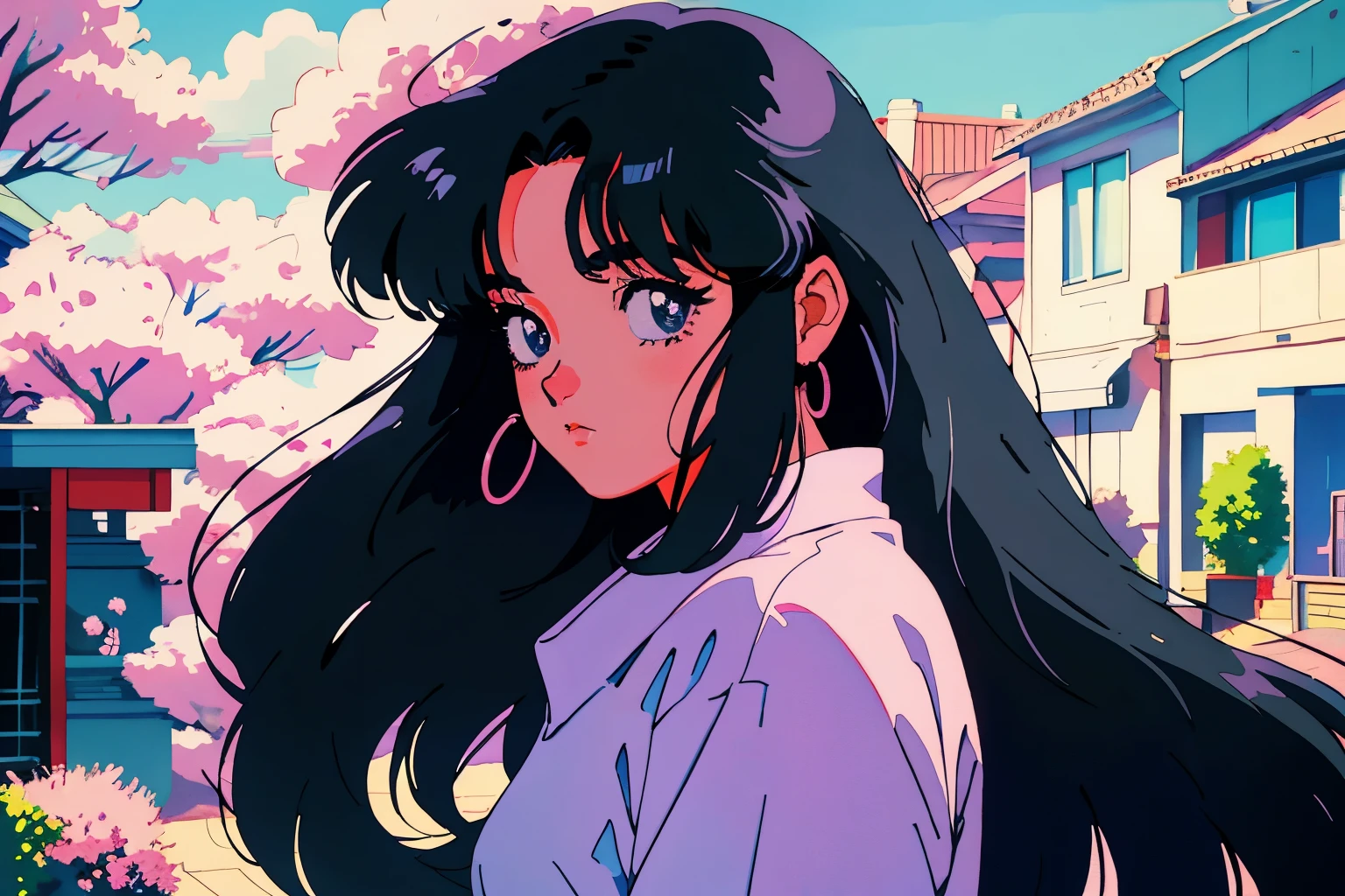 Calm pastel colors，Smooth Photography，Retro Soul, Animation in the 1990s, 1980s animation, Retro Soul，Retro anime style，masterpiece, highest quality, black eye，closed mouth, beautiful anime, 1 girl, alone, long hair, black hair, street background