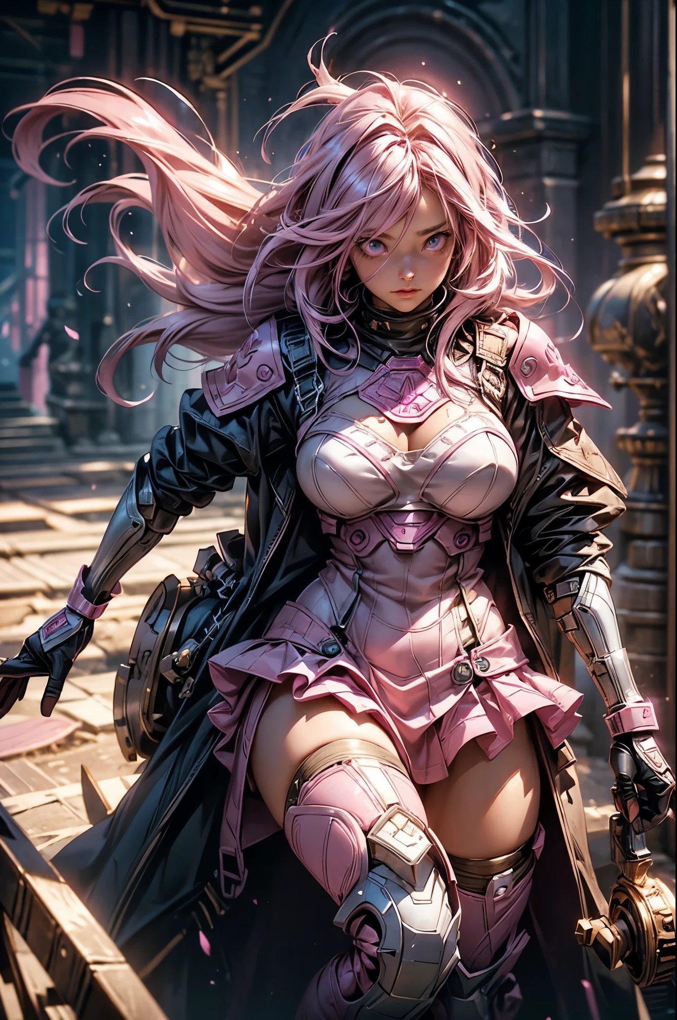 Pink-haired Scandinavian girl wearing half-plate armor and a frilly skirt over a skin-tight bodysuit, (pink long hair:1.4), pink eyes, HDR (high dynamic range), ray tracing, NVIDIA RTX, super resolution, Scattered beneath the surface, anisotropic filtering, Depth of the bounds written ,Maximum clarity and sharpness, surface shading, two-tone lighting