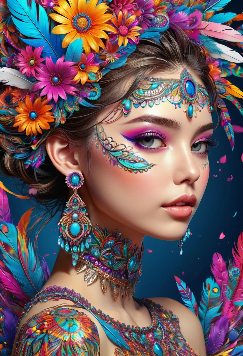 (masterpiece, top quality, best quality, official art, beautiful and aesthetic:1.2), (1girl:1.3), extremely detailed,(fractal art:1.1),(colorful:1.1)(flowers:1.3),highest detailed,(zentangle:1.2), full body, (abstract background:1.3), (shiny skin), (many colors:1.4), ,(earrings), (feathers:1.5), graffiti