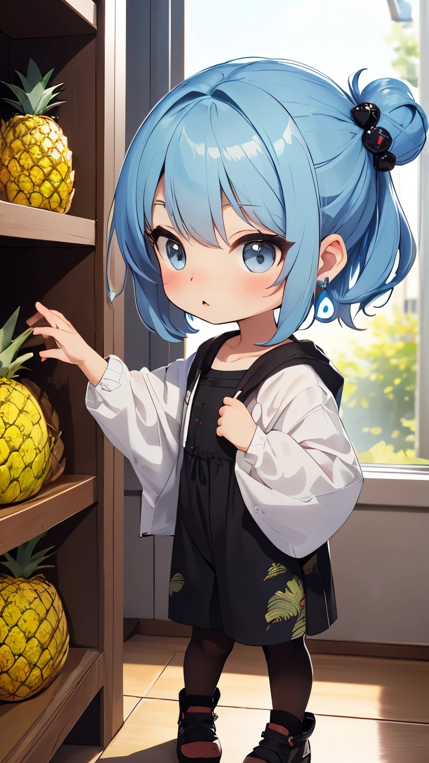 (disorganized、Longing for humanity、indifference、existence、unreasonable、high resolution、Super detailed、dynamic angle)、(Chibi、Slender、light blue hair、Short chignon hair:1.3)、mourning clothes、pantyhose、earrings、Fancy bag、chest bulge、Black see-through outfit。Black world line、white floor、I have a pineapple。Scenery rendered in 16k detail、Horizontal mouth、Full body shot of a young and beautiful Chibi in the changing room、While changing clothes、red cheeks、Vibrant colors、best quality, You are a world-class professional animator、Great illustration composition、(Pineapple print fashion)