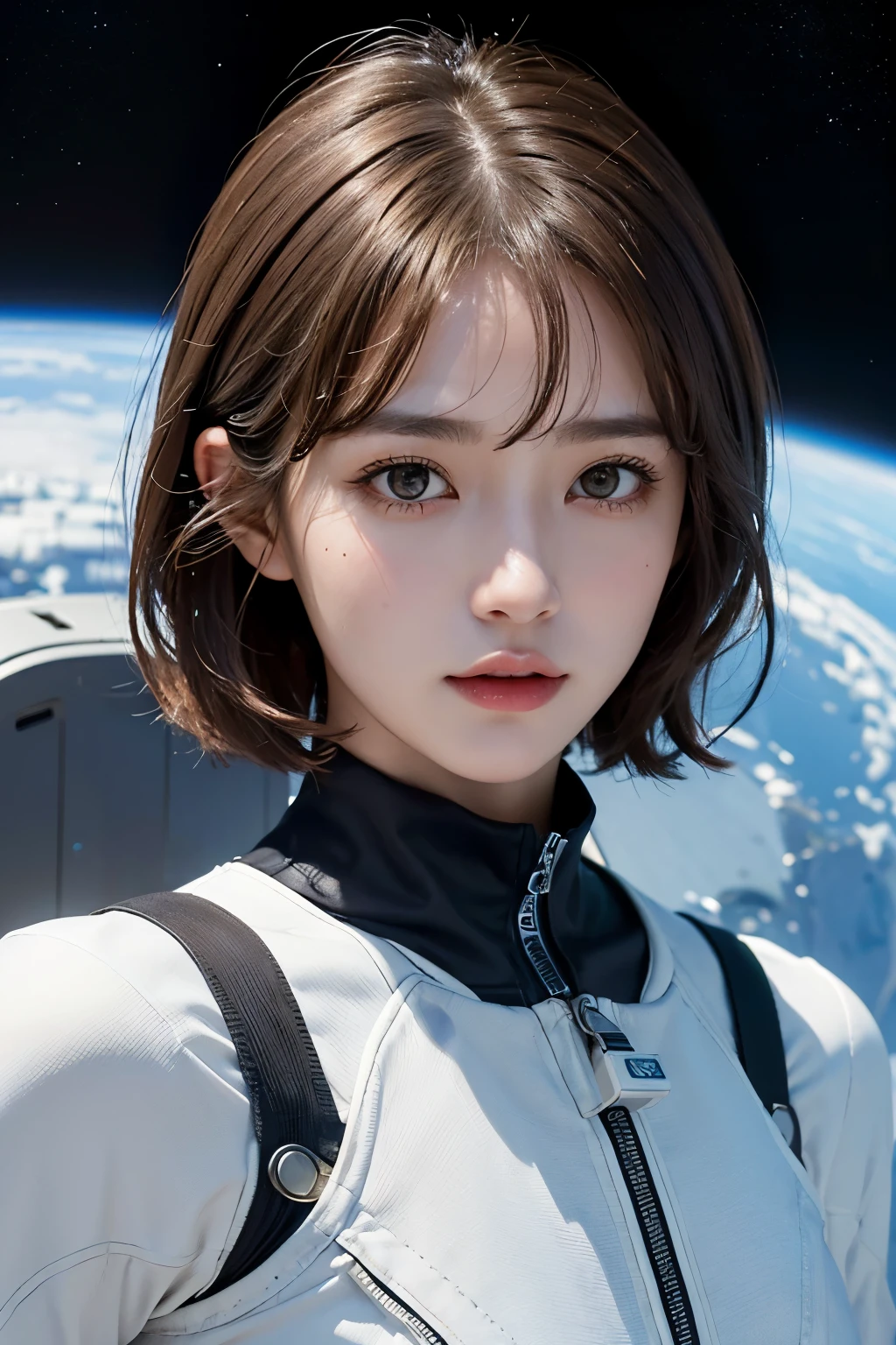 highest quality、masterpiece、ultra high resolution、(real:1.4)、Beautiful woman1、Beautiful details of eyes and skin、light brown short cut hair、small smile、latest space suit、space station、spaceship、Remains、cloudy sky、