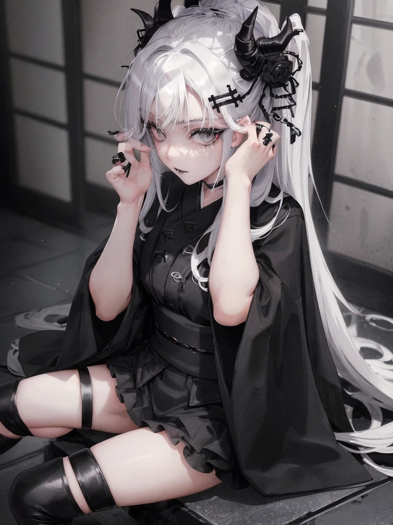 Masterpiece, best quality, high quality, ultra detailed, 1girl, looking at viewer, white hair, gray eyes, black lipstick, black shirt, sitting on a white floor, demon girl, gothcore, 1 7 -  - old,th girl, japanese gothic, gothic punk style, black metal style, hands on head