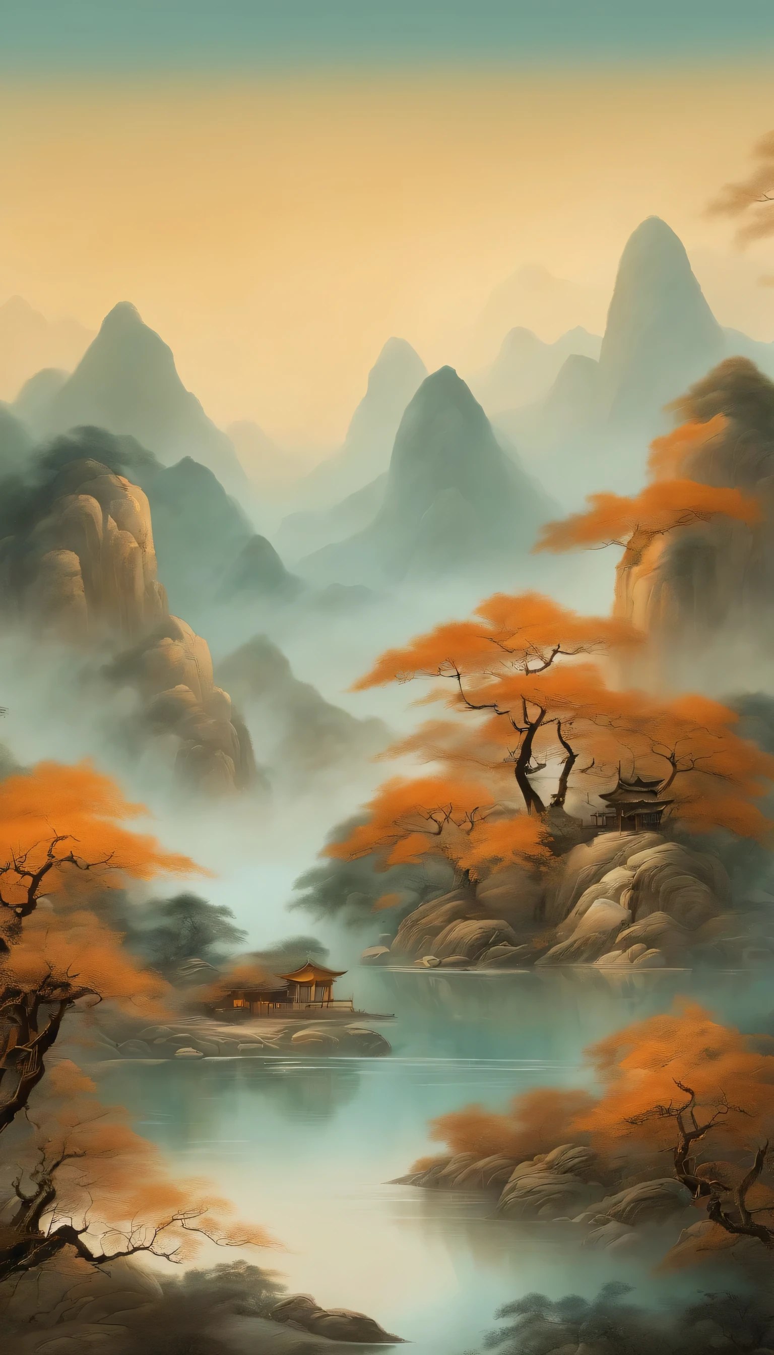 Une fresque murale chinoise idyllique, Style orange clair et cyan clair, Paysage en couches, Art in the style of ancient Chinese ink painting, peintures murales monumentales, Ricoh FF-9D, l'Esthétique de l'age d'or, Paysage exotique