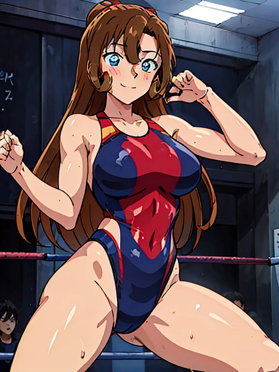 ((Best quality)), ((masterpiece)), ((anime style)), ultra detailed face, ((1 girl)), female wrestler, competition swimsuit, ((wrestling ring)), long hair, mature, milf, 30s, sweaty armpit, very sweaty, standing, victory pose, looking at viewer, highleg, smile, determined, victorious,
