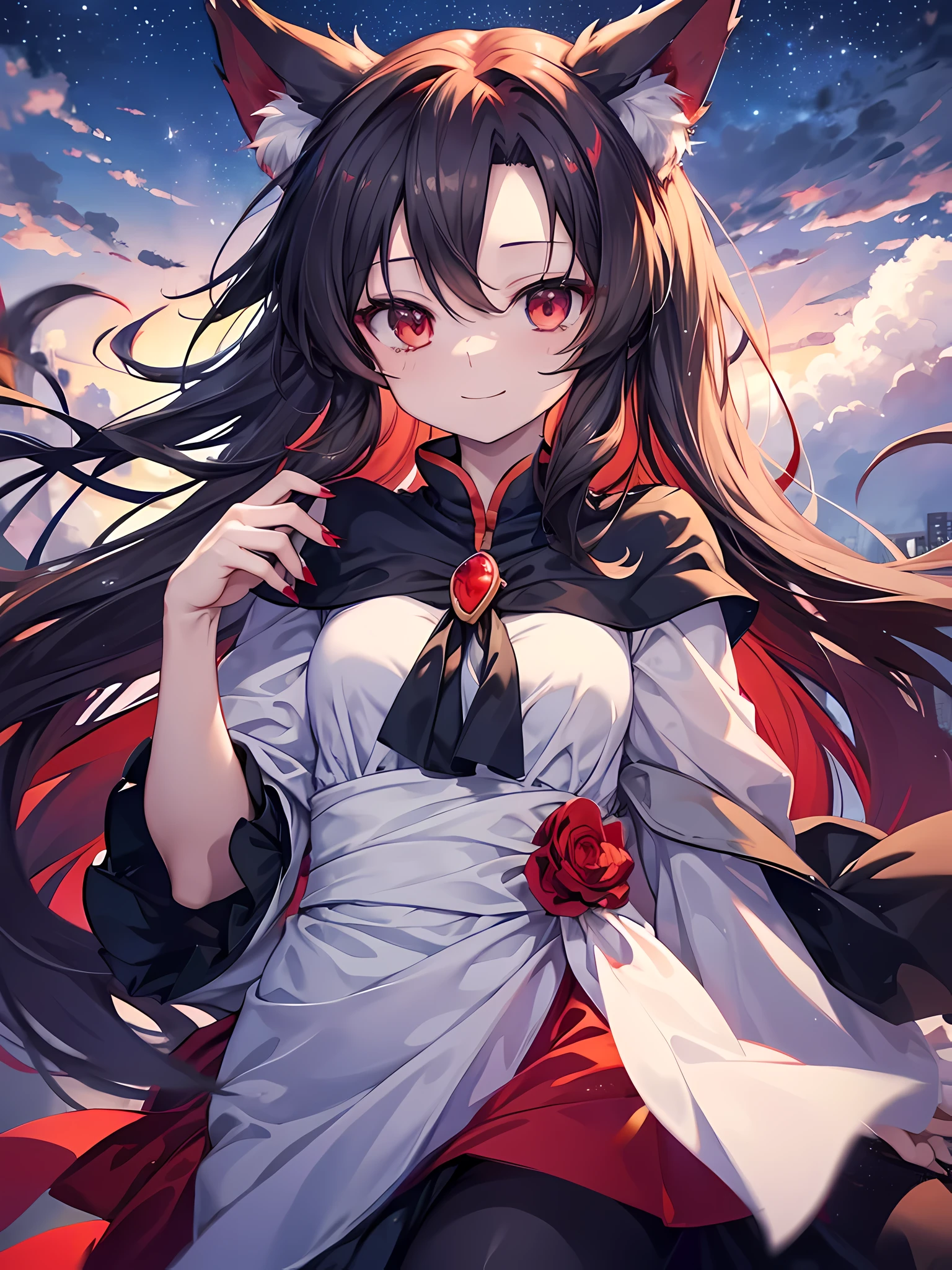 Imaizumi Kagerou、red nails、innocent smile、A childish smile、night sky background、8K、highest quality、high resolution