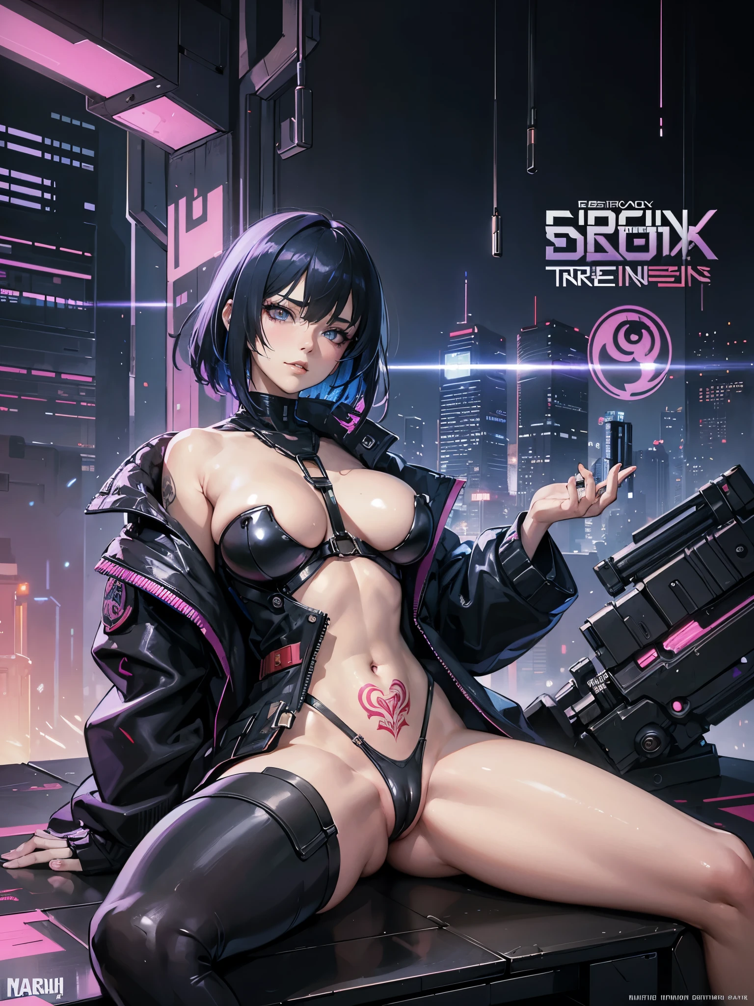 female naked Cyberpunk cyborg,spread legs,masturbating,muscle,sexual bondage,tattoo,short hair,dynamic angle,NSFW,dangerous sniper,a cinematic moment,fantasy,erotic anime,side shot,inspired by Takashi Murakami,stylish,pussy,big breasts, pubic hair,Glamour,light color tone,,Psychedelic costumes,armored,cyberpunk dystopian girl,fantasy dystopia,dystopian landscape,blade runner,ghost in the shell,realistic,Psychedelic and colorful tones,take a pose,gun,arm,table top,ultimate details,8K,detailed background,realistic,ultra high resolution,table top