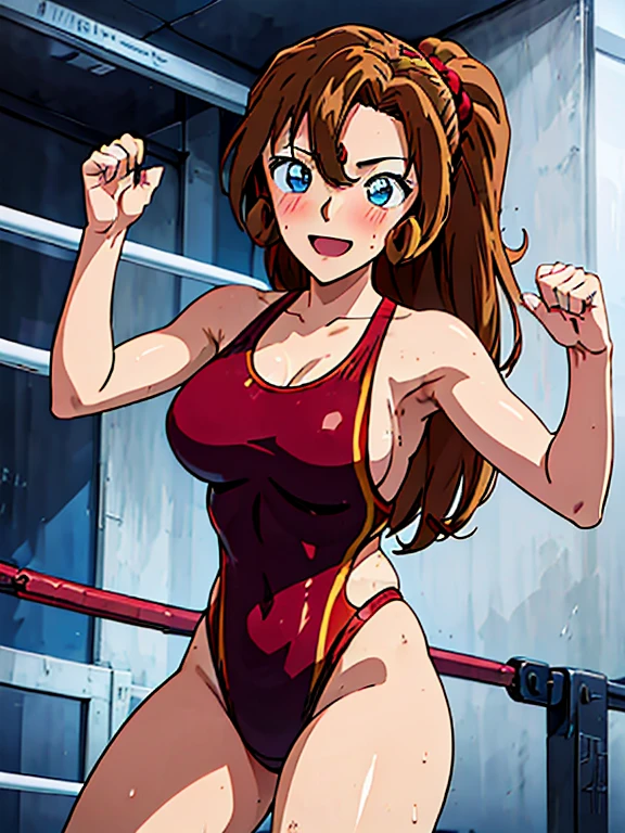 ((Best quality)), ((masterpiece)), ((anime style)), ultra detailed face, ((1 girl)), female wrestler, competition swimsuit, ((wrestling ring)), long hair, mature, milf, 30s, sweaty armpit, very sweaty, standing, victory pose, looking at viewer, highleg, smile, determined, victorious,