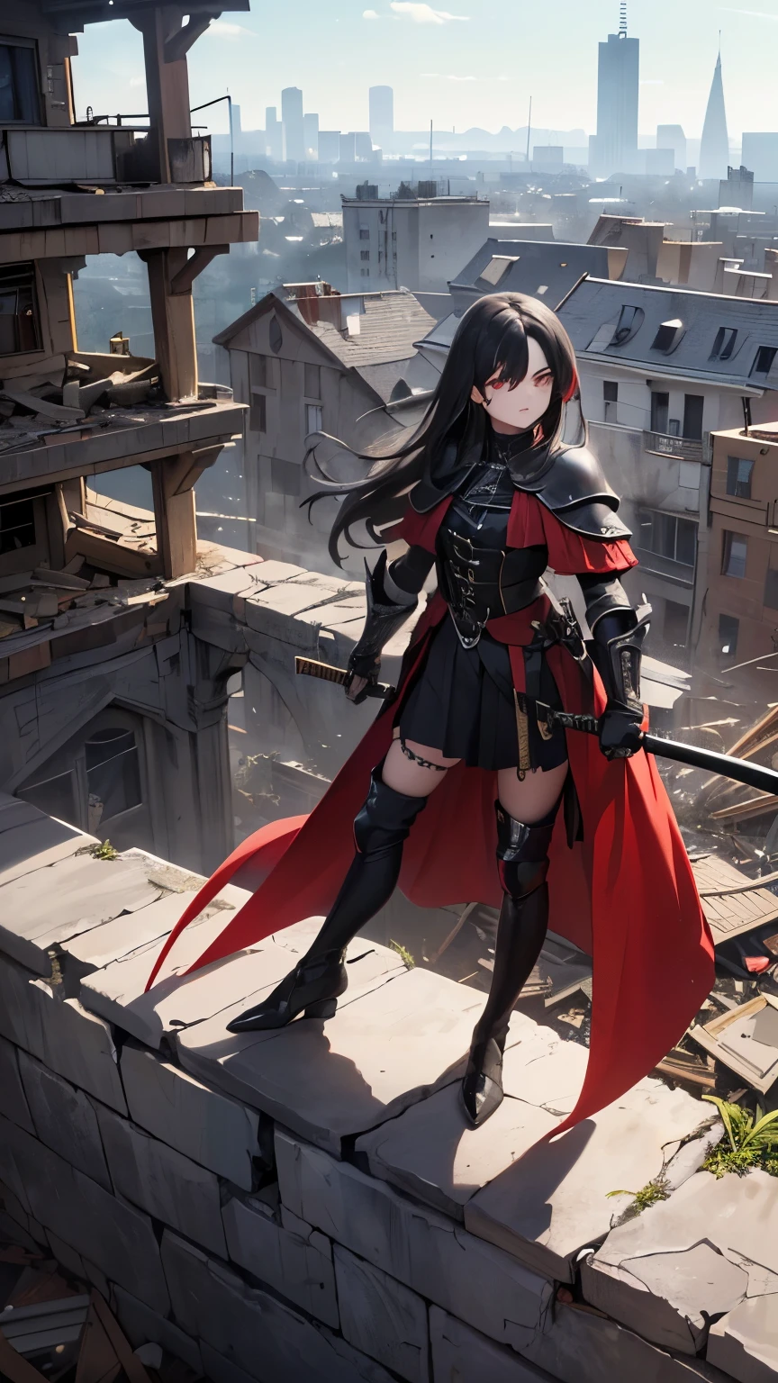 ((Sozinho)) ((obra de arte)) ((alta qualidade)) ((rosto perfeito)) ((seios pequenos)) ((quadris largos)) ((cintura estreita)) ((lindo)) ((cabelo preto)) ((cabelo longo)) ((pale skin)) ((button nose)) ((olhos verdes)) ((Gothic superhero armor in black with dark red details)) ((in his right hand the katana with a piece of chain on the handle)) ((in the left hand the black scabbard with red details)) ((She is on top of a building in a lifeless city, just vegetation growing on the destroyed buildings))