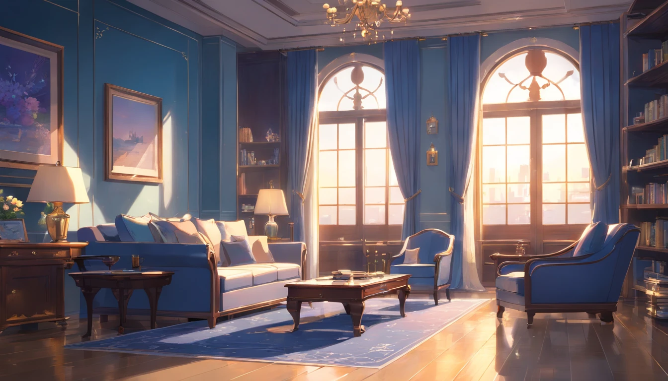 Rich, Luxurious Living room, four windows, marble floors, exquisite oil paintings hanging on the walls, an elegant fireplace in the center, a bookshelf filled with leather-bound books, a crystal vase filled with fresh flowers on a glass coffee table, plush cushions, white curtains, soft moonlight, a glass of champagne on a silver tray, a luxurious rug on the floor, a silver clock on the wall, and a sense of opulence, cold, blue, dark sophistication. (best quality, high resolution), (realistic)