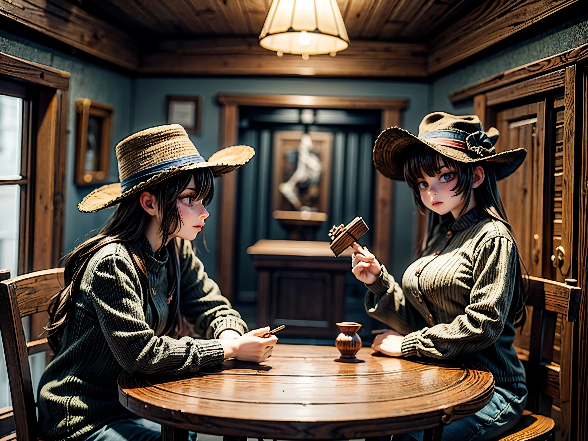 (best quality,4k,8k,highres,masterpiece:1.2),ultra-detailed,(realistic,photorealistic,photo-realistic:1.37),wild west duelized scene,wild west landscape,charismatic female sheriff,stern-faced Indian warrior,dusty saloon,action-packed gunfight,dynamic bullets flying,motion-blurred gunslingers,violent conflict,tense atmosphere,gazes locked,horse-drawn carriages,painted wooden buildings,saloon patrons drinking whisky,smoky interior,decimated poker table,light streaming through the swinging doors,dramatic shadows and lighting,authentic period clothing,leather holsters and cowboy hats,desert backdrop,scattered cacti,rolling tumbleweeds,thunderous sky,violent clash of cultures,uplifting spirit of the Wild West,serene yet dangerous frontier,an epic showdown of justice.