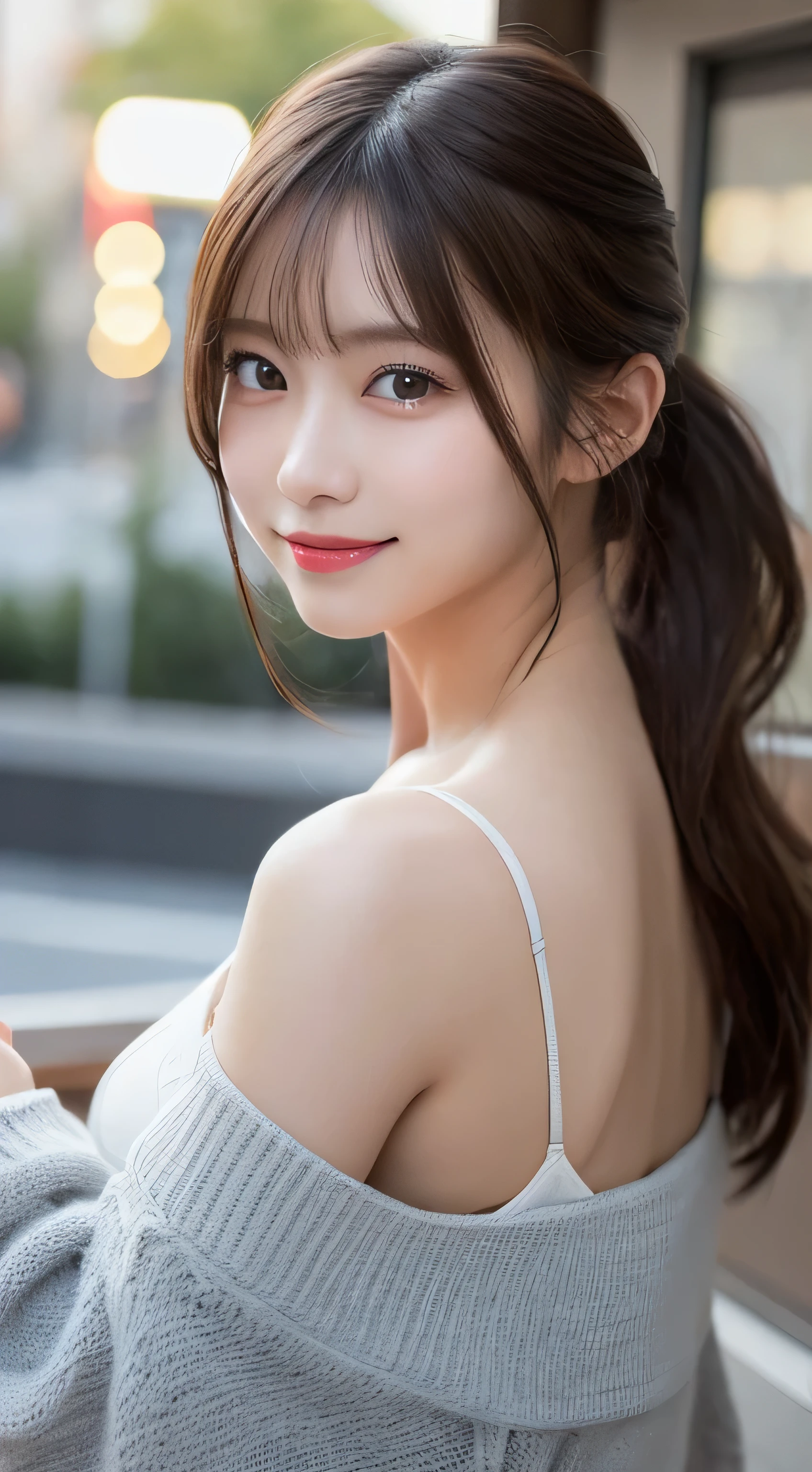 table top,(highest quality, masterpiece:1.2), Super detailed, High resolution, 8k wallpaper, perfect dynamic composition, detailed and beautiful eyes, long hair,small breasts, natural color lips, bold sexy pose, shy smile, 20-year-old, cute woman, sexy style, Tokyo, sexy shot looking at camera, winter fashion,hairstyle ponytail,Winter clothes,Chest coordination,off shoulder