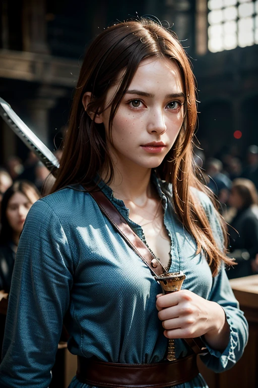 masterpiece、(((reality photograph、realistic：2)))、NSFW, super high quality、8K resolution、crystal clear、highest quality、Super detailed、RAW UHD format、droopy eyes、high resolution glowing eyes、Feminine body shape, redhead, highest quality, shirt, close, realistic skin texture, upper body portrait,  photograph shoot, detailed facial features, Film grain texture and high contrast, Very high resolution details, photograph, realistic, 超realistic, HDR, masterpiece、A medieval European princess living in the world of Dresden in medieval Europe、The princess is a master swordsman、Fight bravely against the evil hordes attacking the princess.、(((fight with sword、Battle-scarred body)))
