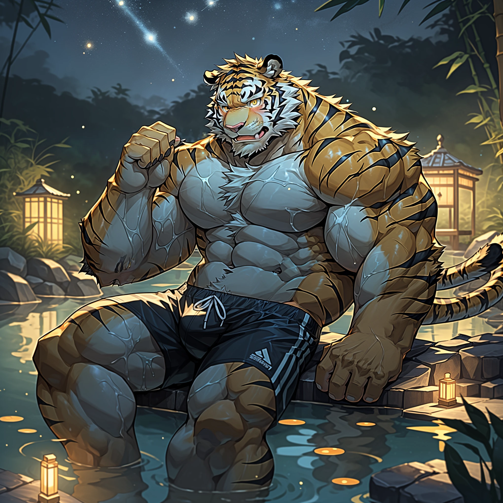 alone, (young man), (muscular), , (Male human tiger):1.35, Golden body, white belly, (eternal):1.3, (pray):1.23, (detailed clothing,Black Double Layered Swim Shorts,naked,Light white pattern: 1.2), exquisite eyes, tiger tail, tiger ears, ((whole body:1.2)), (exquisite eyes, golden eyes,): 1.1, sneer,(happy):0.8,Extremely handsome,(outdoor: 1.35), Wind, bamboo forest, hot spring,night , (particle, scattered letters, orange light): 1.3, Detailed background, actual, actual hands, 8k HD, (dark shadow, wide dynamic range, human development report, low light: 1.2),Lying position,躺在hot spring水里,Ears are pulling,(blush:2.0)