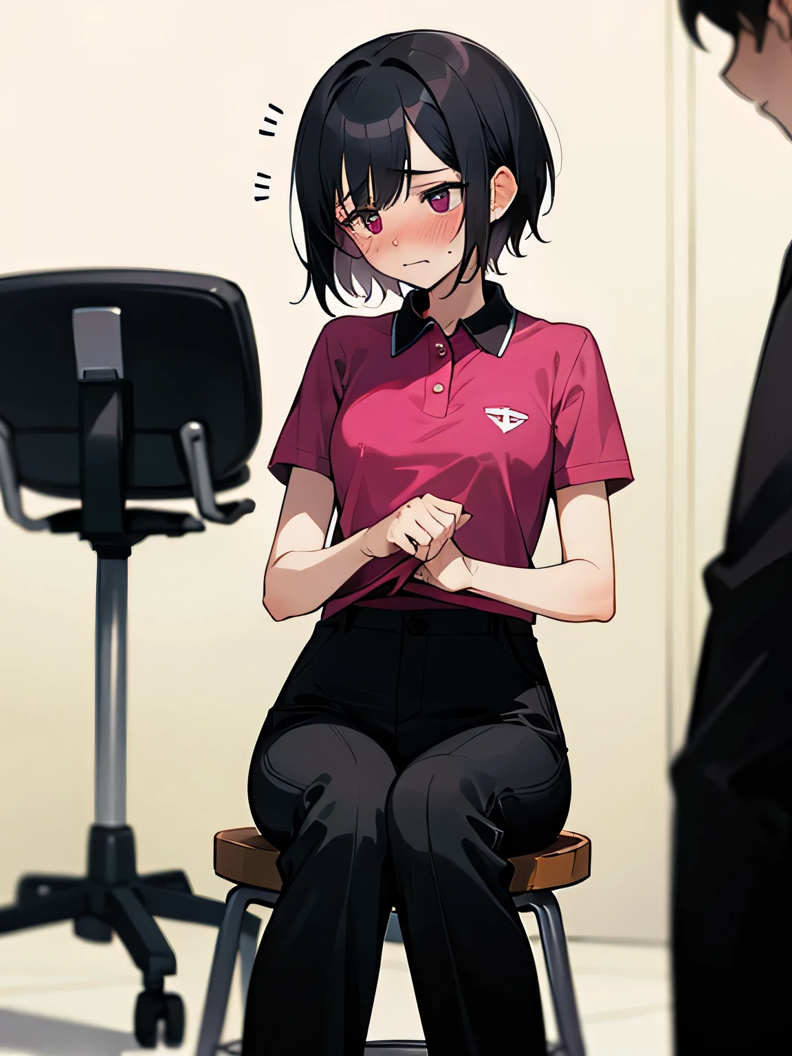highest quality, High resolution, 1 girl, focus only, (big breasts:0.01), it is in it,  black pants, blush, embarrassing,Reluctant, short hair, black hair, examination room, magenta polo shirt, doctors around, round stool, sitting, clothes lifted