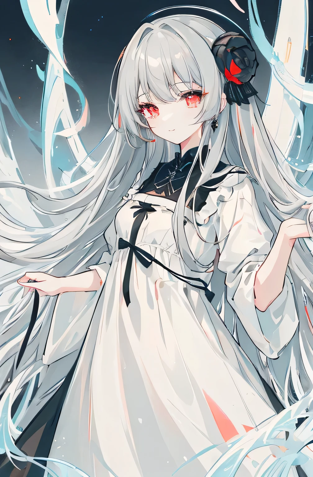 ((masterpiece)), ((top quality)), (amazing designer), (best artist), (Best illustrated scenery), (best performance), (4K Full HD), (nffsw+), (1 girl) (for a long time)gray hair, (glowing red eyes), (amazing)Starry side landscape painted in artistic and cinematic tones - Mayna pastel style - V5(animation illustration)、Sheep Horn、cute smile、depth of field、Black color dress、(beautiful Black color dress:1.4)、dress color:Black color