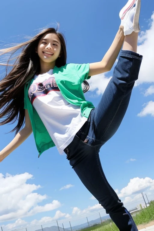 A cute college student with long hair doing a rider kick from the sky