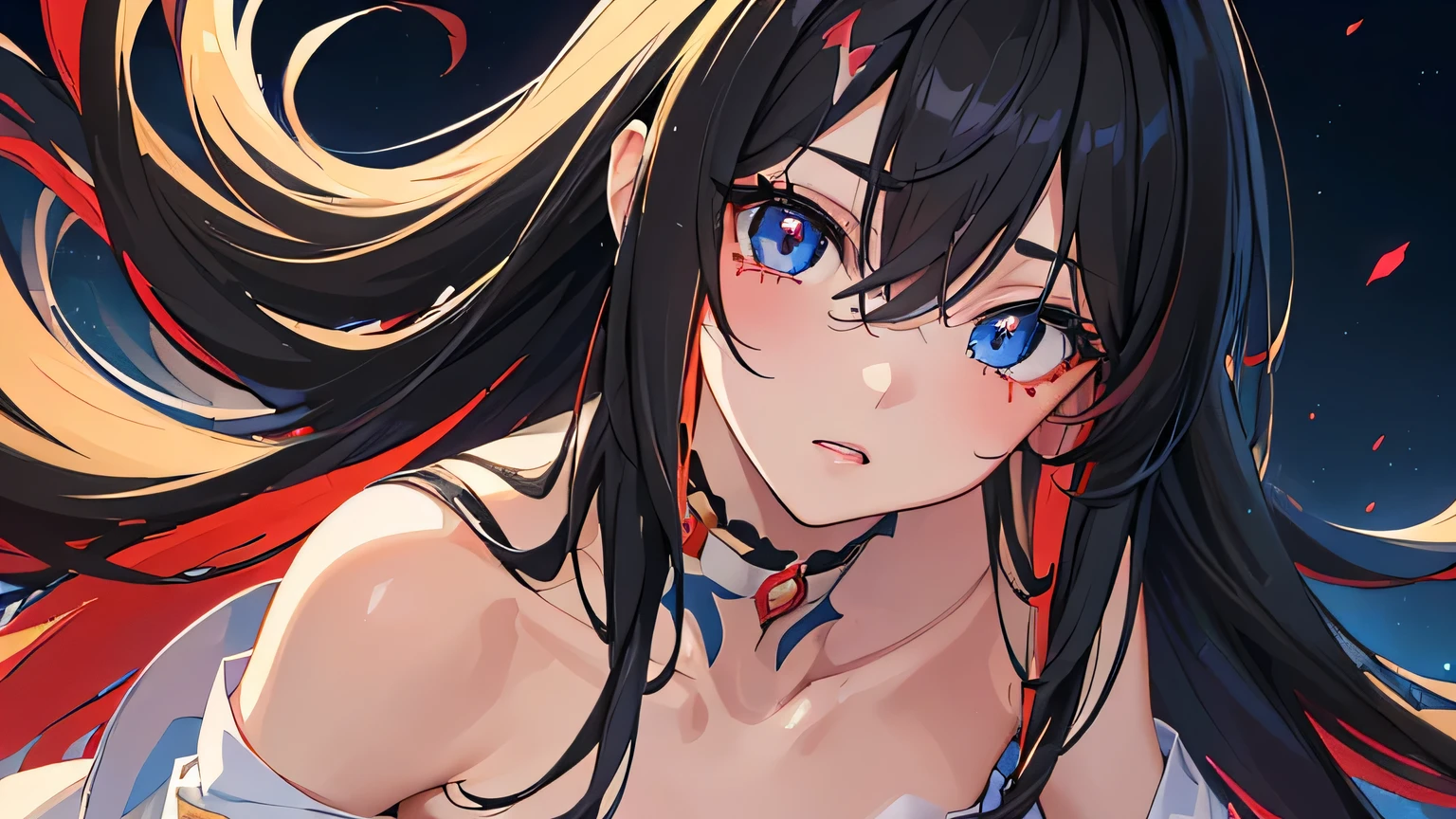 (((best quality))),((ultra-detailed)),(Japanese anime style),(dynamic angle),((long half natural hair)), (solo),(1girl), ((small_Chest)), (((detailed anima face))),((beautiful detailed face)), black hair,((streaked hair)), beautiful detailed eyes,(Gradient color eyes),(((colorful eyes))), (((Red right eyes))),(((Blue left eyes))),(((night background))),((shining))