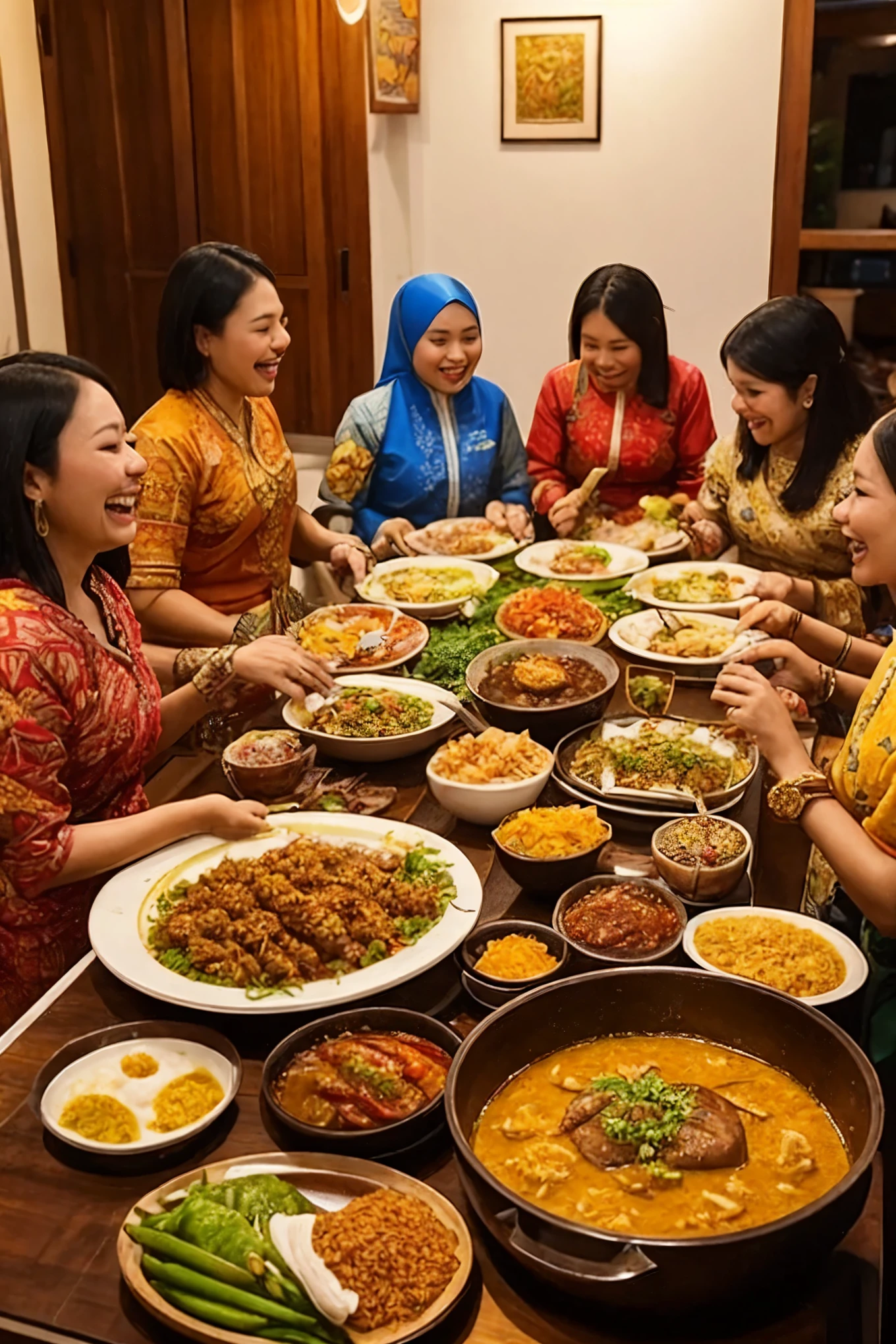 Malaysian Malay ladies and gentlemen gather together in joyous celebration, surrounded by abundant food and drinks laid out on the table. The women wear traditional attire, their batik prints vibrant against the warm glow of the room. Men don bold sarongs and baju melayus, their faces radiant with happiness.
Platters of delicious Malay dishes fill the table, their aromas wafting through the air. Steaming bowls of nasi lemak, fragrant rice cooked in coconut milk, rest next to spicy rendang curry, tender pieces of meat slow-cooked until melt-in-your-mouth softness. Plates of satay skewers