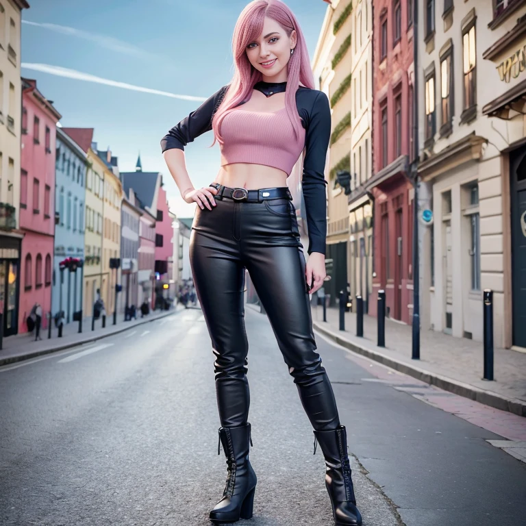 amerikanische frau, mit schwarzen haaren, 8k, Lachen auf dem Gesicht, Realistic 3D full body poster shot, alleine, in der city, blauen kurzen rock, pink farbigen top, 