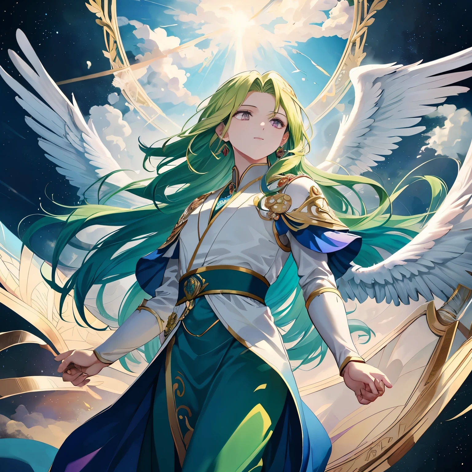 - People: one person. The archangel Raphael, symbolizing healing and peace, is depicted in the center of the painting. Raphael controls the wind, which spreads throughout the painting.
- Costume and Color: Raphael's traditional attire. It is predominantly gold, decorated with green and blue accents. The costume flutters in the wind, expressing movement and life.
- Hairstyle and color: Long flowing hair. The color is gold with green highlights. The hair is dancing in the wind, emphasizing the presence of the wind.
- Worldview: mysterious and religious. The background is filled with symbols of the sky and wind. The wind symbolizes Raphael's power and is spread throughout the picture.
- Possessions: In his hand he holds a jewel symbolizing healing and peace. The jewel emits a soft light, representing healing and peace.
- Wings: Large wings extend from the back. The colors are gold and blue, representing the sacred. The wings create wind, which spreads across the entire image.
- Expression and movement: The expression is gentle and reassuring. He reaches out his hand, indicating healing and peace. The hand radiates healing power and creates a visual flow.
- Perspective and composition: a viewpoint looking up from slightly below. Raphael is depicted in the center, with the background arranged to complement him.
- Background and colors: symbolizing the sacred sky and wind. The colors are predominantly gold, green and blue, with accents of yellow, silver, deep red and purple.
- Light and Shadow: Light emanates from Raphael and illuminates the surroundings. Shadows highlight details and create a three-dimensional effect.
- Other: Overall, the painting is high-definition, with each element detailed. Faces, hands, and wings are especially detailed and rendered in a realistic animated 2.5D style.
