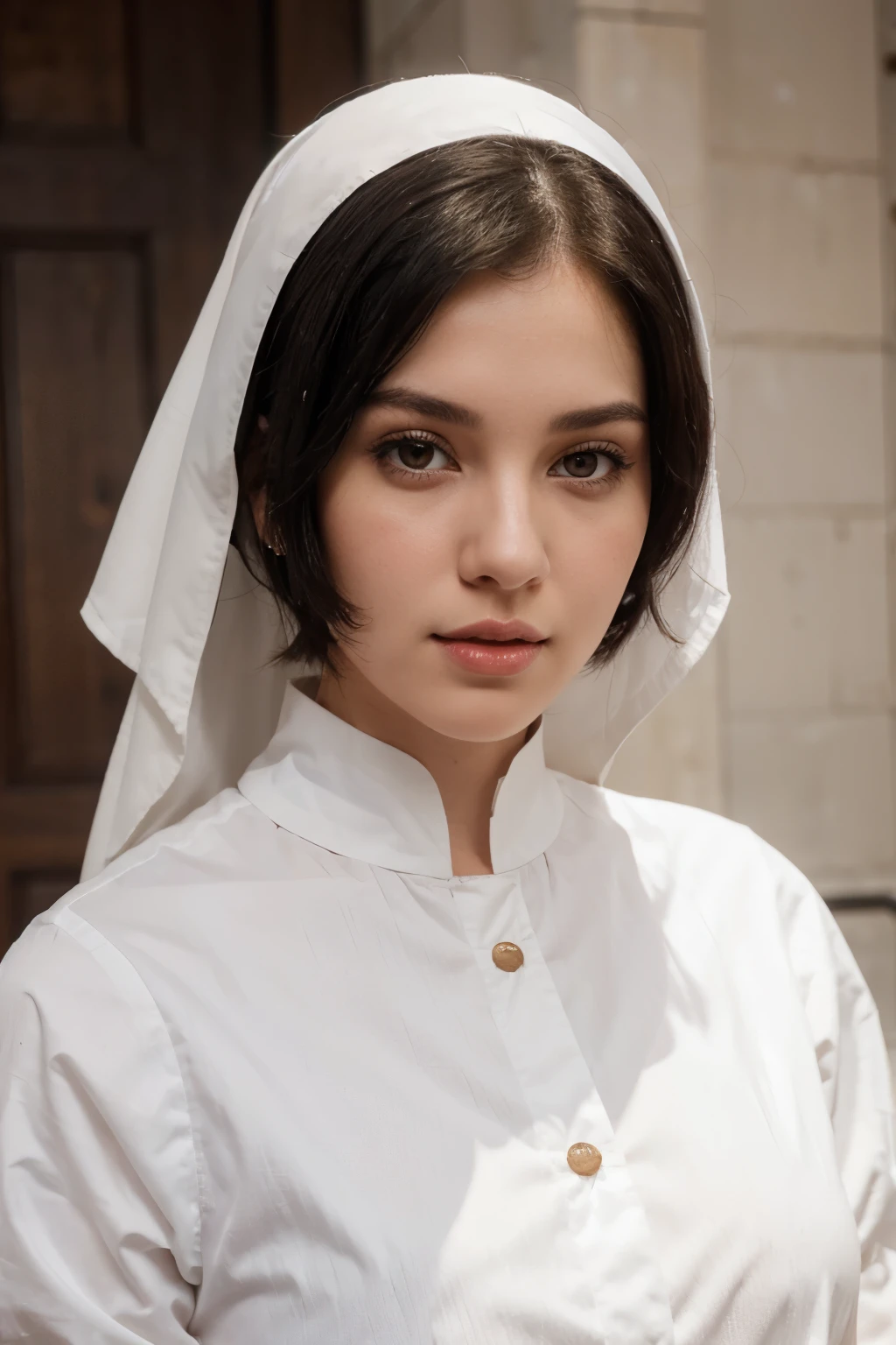 a white woman with short black hair, brown eyes, a beautiful face with slightly pink cheeks and a sweet look, with red lips, wearing a nun's outfit