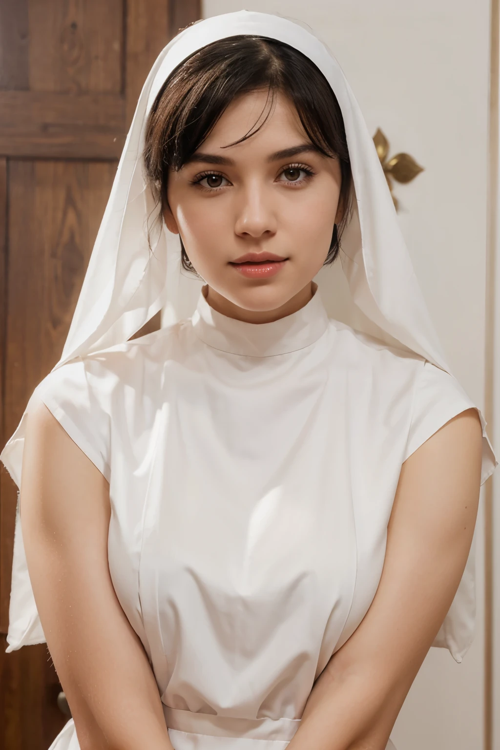 a white woman with short black hair, brown eyes, a beautiful face with slightly pink cheeks and a sweet look, with red lips, wearing a nun's outfit
