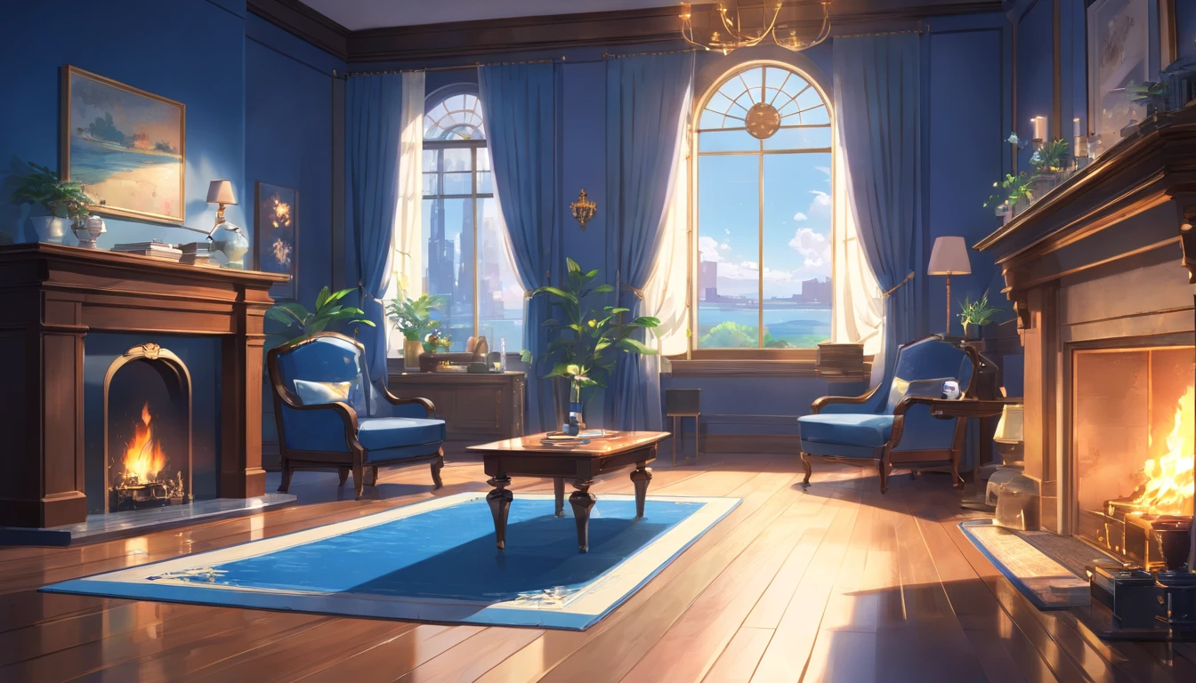 Rich, Luxurious Living room, four windows, wooden floors, exquisite oil paintings hanging on the walls, an elegant fireplace in the center, a bookshelf filled with leather-bound books, a crystal vase filled with fresh flowers on a glass coffee table, plush cushions, white curtains, soft refraction moon light, late at night ,a glass of champagne on a silver tray, a luxurious rug on the floor, a silver clock on the wall, and a sense of opulence, cold, blue, dark sophistication. (best quality, high resolution), (realistic)