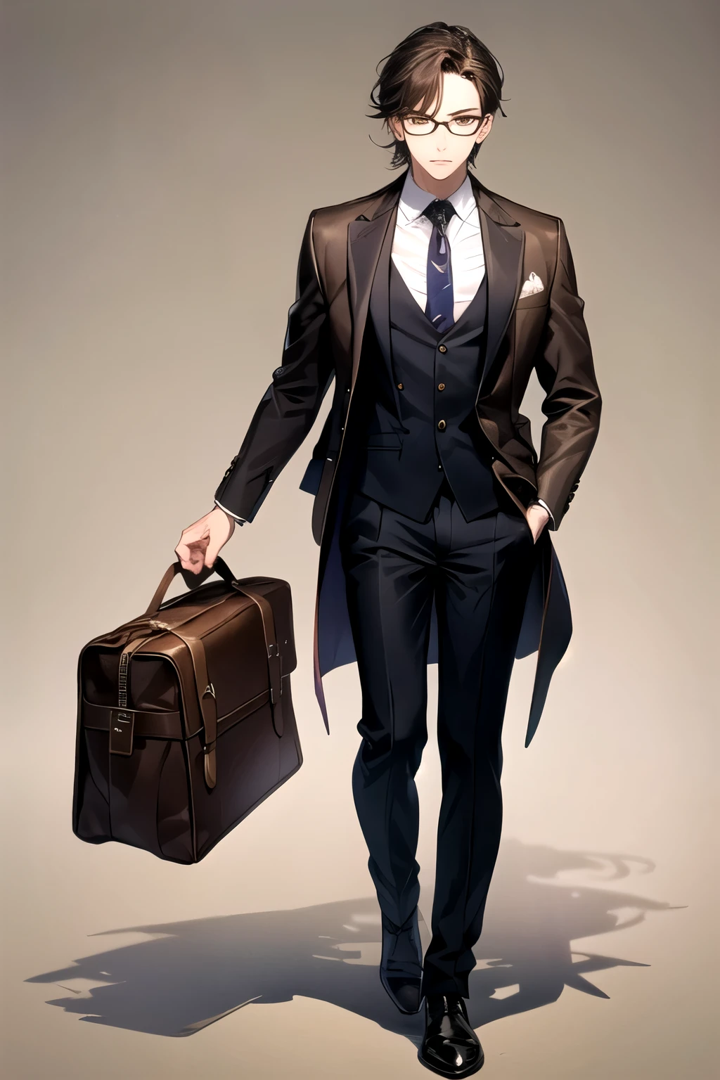 ((best quality)), ((masterpiece)), (detailed), perfect face, man Wears shag-mullet haircut, Deep violet color, yellow eyes, Wears glasses, dark circles, Tired eyes, Deep navy for the tailored blazer and trousers. Ivory for the button-up shirt.
Rich brown leather satchel and shoes.
Dark tortoiseshell for the glasses frames. Character design concept art full body