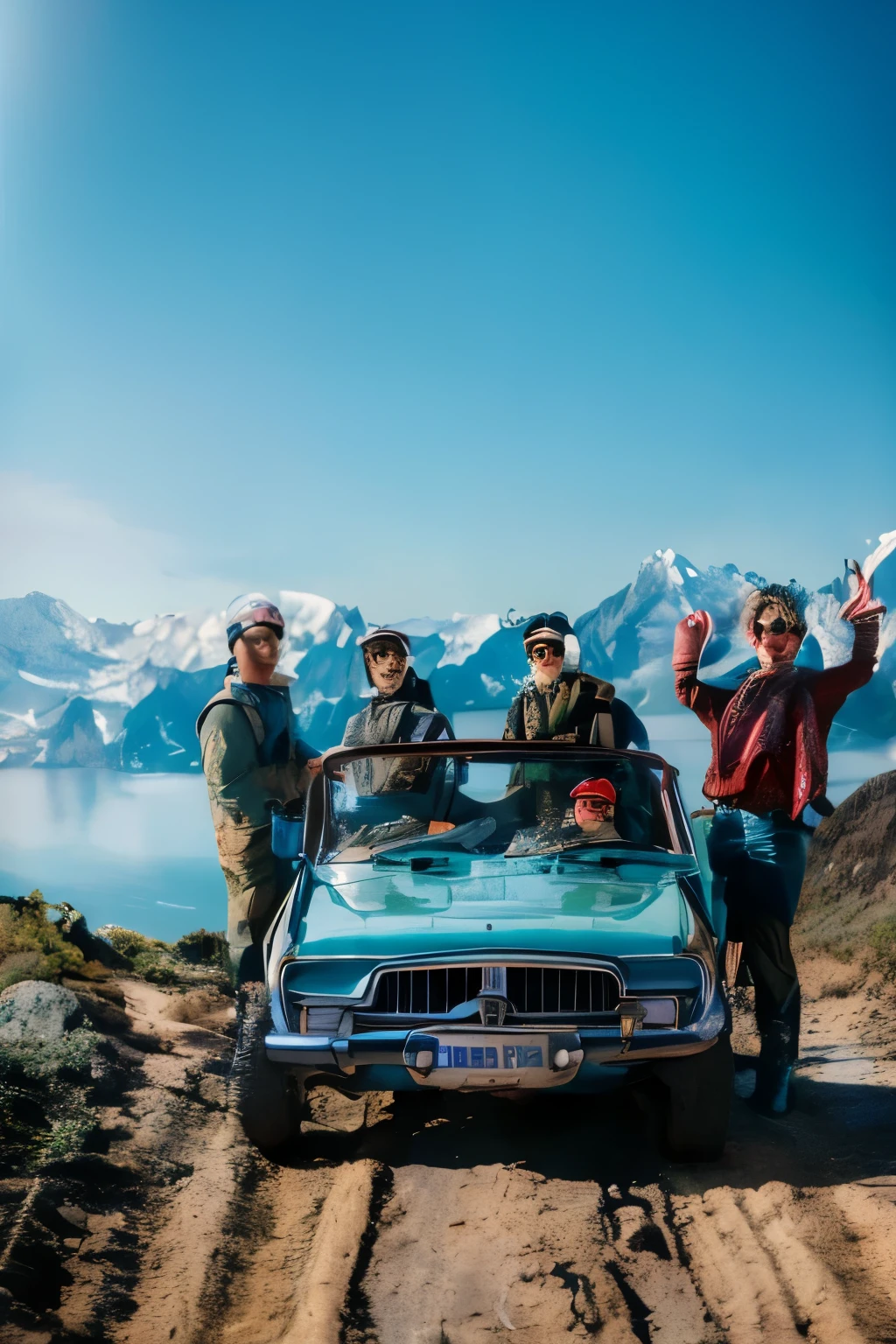 Four men and women in mountaineering gear are happily driving in a convertible car.