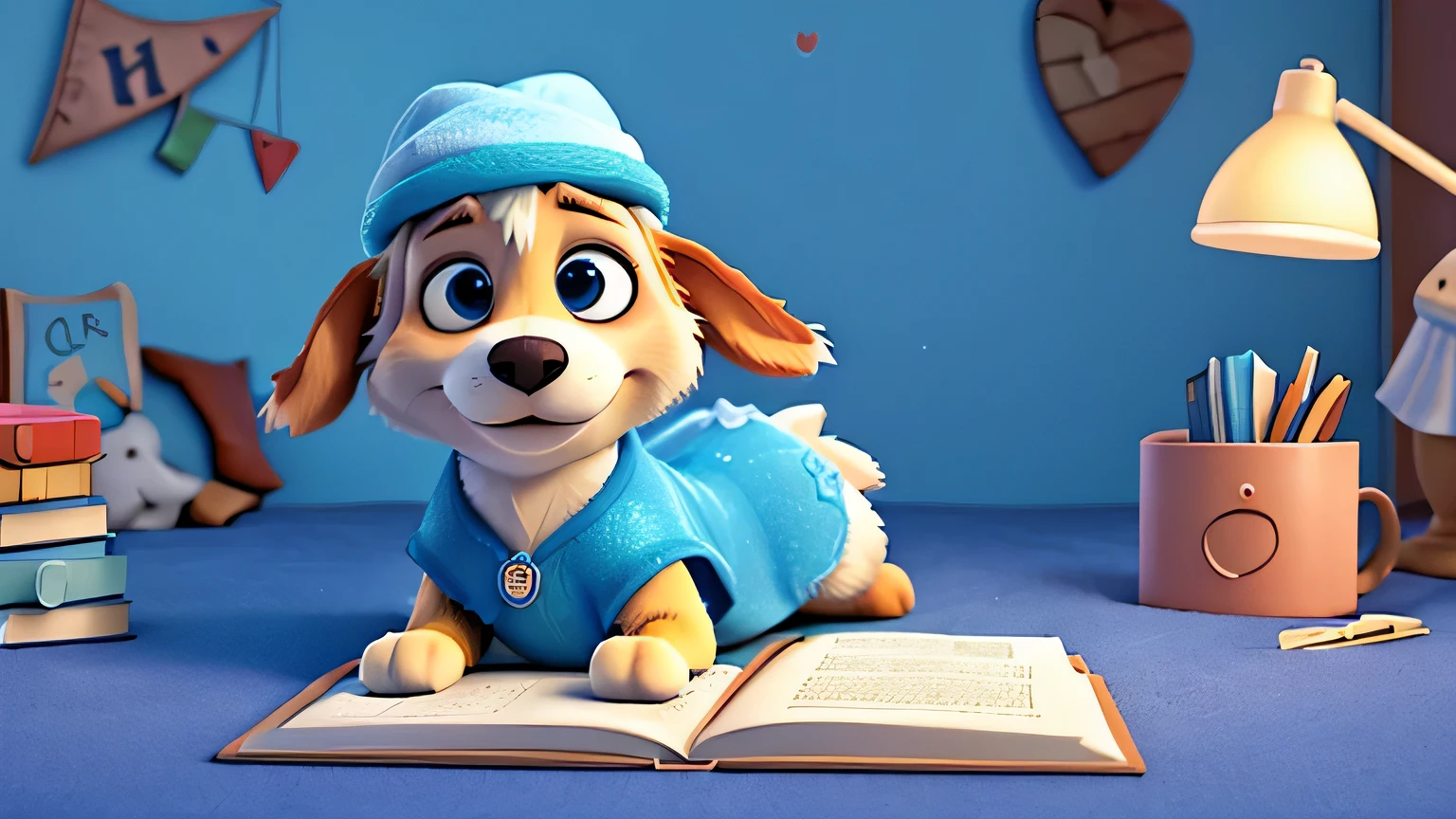 3D art like "Frozen", one cute dog with light blue hat, is lying on her bed and reading books and on book title is "BASEWIF"