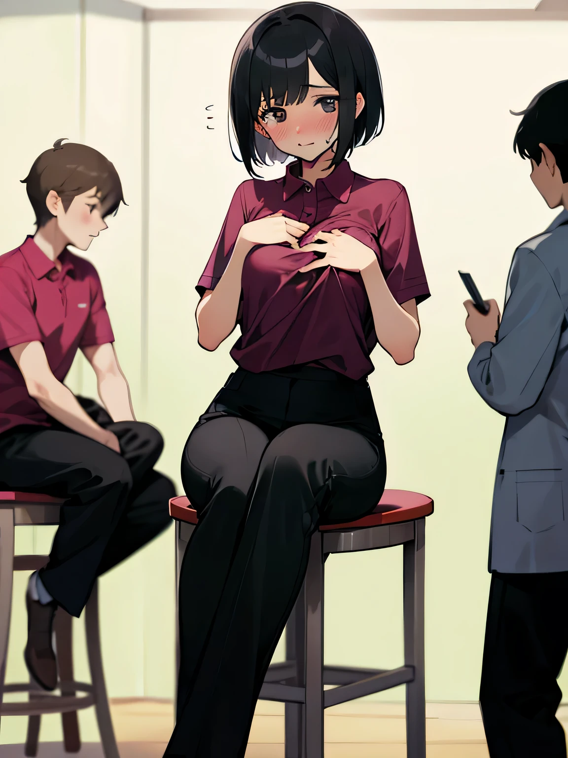 highest quality, High resolution, 1 girl, focus only, (big breasts:0.01), it is in it, black pants, blush, embarrassing,Reluctant, short hair, black hair, examination room, magenta polo shirt, doctors around, round stool, sitting, someone else lifting her clothes up to her chest