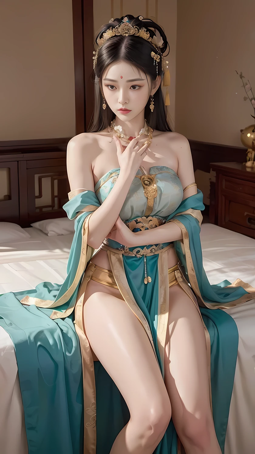 Chinese ancient style beauty,Exquisite facial features,In Dunhuang,Sleeping in the Emperor's Bed,Sexy Dunhuang Feixian Dancer Clothes,Heavy makeup,long flowing hair,Flowing sea,favored,Meticulously depicting face,Exquisite headdress,Chinese ancient style,Internet celebrity figure,Beautiful and moving,Ambiguous atmosphere,Mature and steady mind,weak and gentle,Masterpiece,Meticulous depiction,Super close range,full of charm,Various styles,Exquisite gentleman wallpaper,seduce men,enchanting,sad expression,ultra high definition,Charming and coquettish poses,Long thin white legs