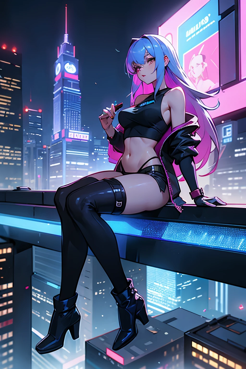 stunningly beautiful young woman with a slim build, medium-sized chest, and long flowing hair, wearing big boots, black stockings, a cut-off t-shirt, and a short jacket that shows her stomach. She should appear a bit low on energy. She is sitting on a ledge overlooking a busy city at night, with a futuristic cityscape in the background featuring neon lights and flying cars. Ensure the image is in 8K resolution and has correct lighting, using vivid colors with complementary tones.