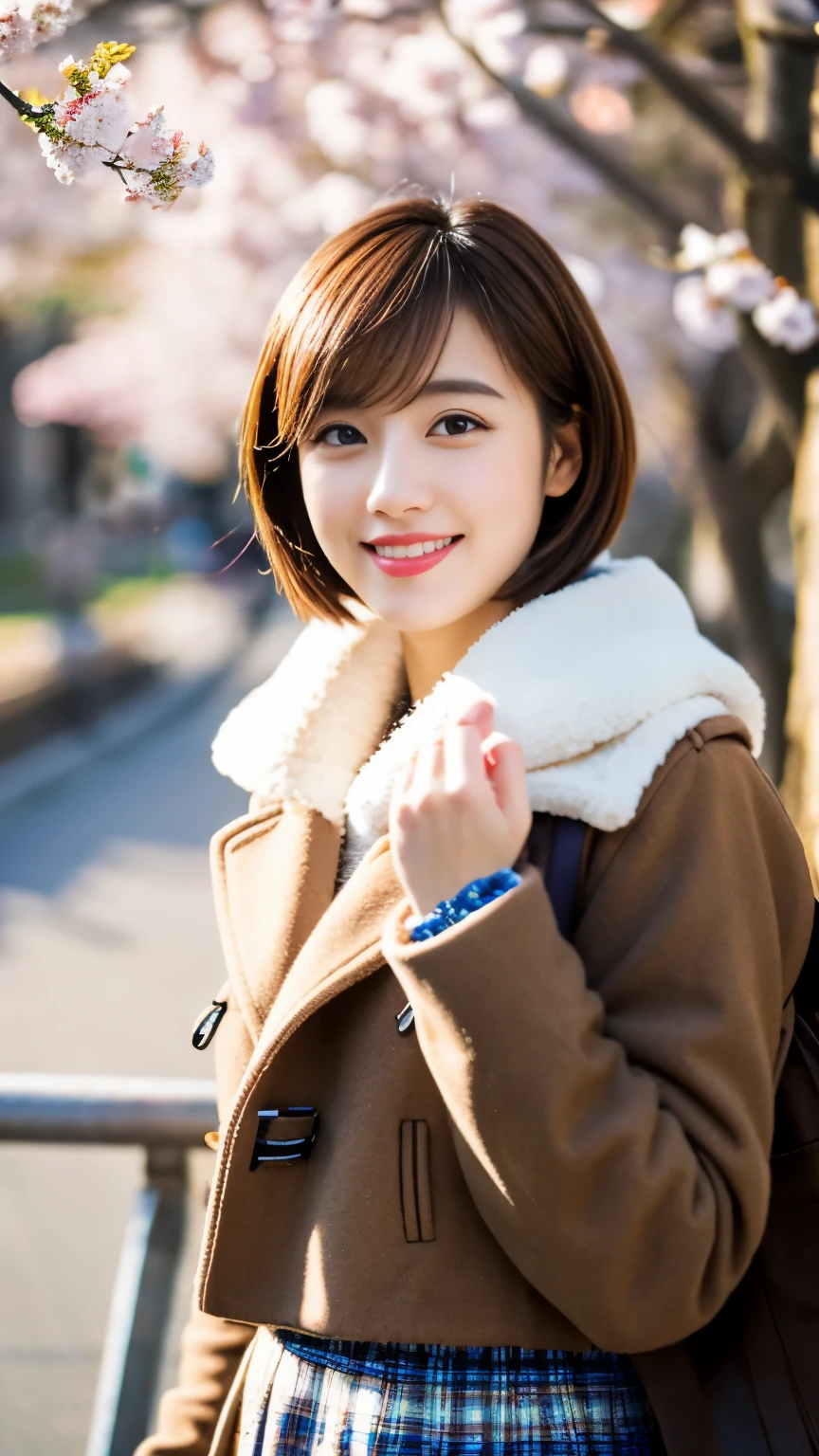 1 girl, coat, hood, Jacket, ((duffle coat)), down Jacket, lips, lipstick, plaid, plaid_skirt, realistic, skirt, alone, Are standing, highest quality, photorealistic, masterpiece, 8K, High resolution, alone, (((woman))), (Medium chest), ((looking at the viewer)), (looking at the camera), (short hair), (professional lighting, Bokeh),View from above, highly detailed face, Fashionable and trendy atmosphere, Japan, street, garden, river, cherry blossoms, cherry blossoms blossom, ((daytime)), (portrait:0.6), seductive smile, nice, floating hair, (particles of light, Lens flare, shining particles:0.6), (dynamic pose:1.2), soft lighting, brown hair, full body, narrow face, smile, camera,