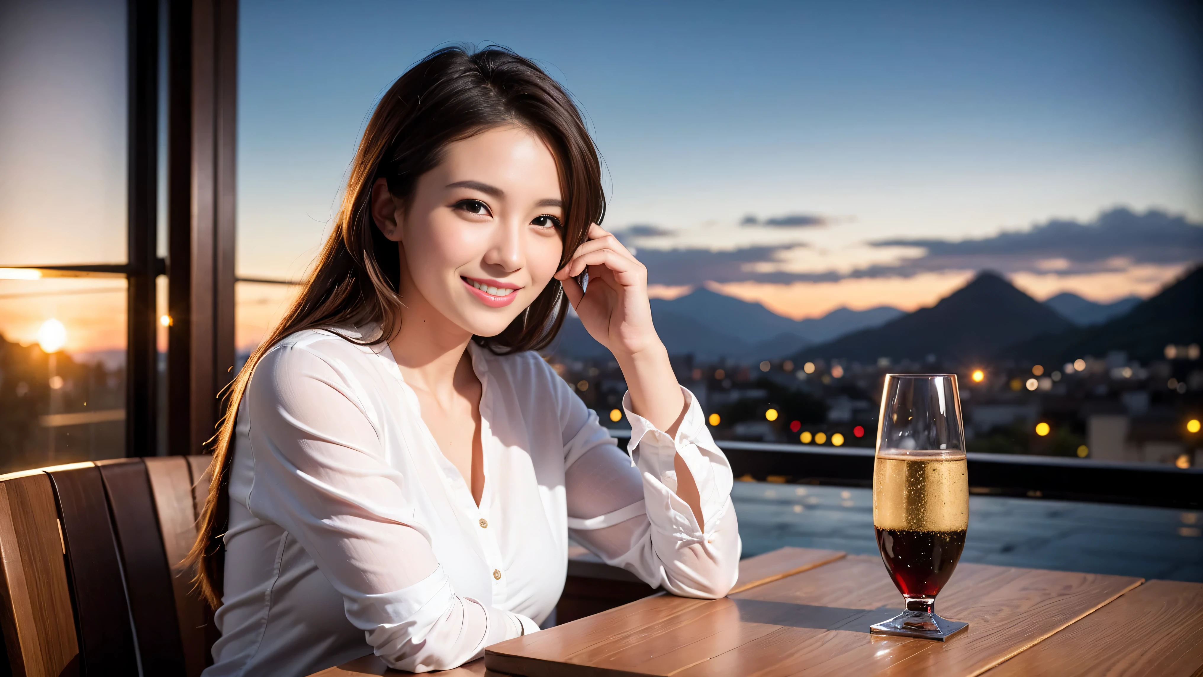 K, Hmm, highest quality, masterpiece: 1.2), (realistic, photorealistic: 1.37), Spectacular view of the sunset sky and clouds、Amazing mountain views、A bright smile、3 slim beauties, (slim face),Happy、 the best smile、Fox face、Berry Short、(because I'thin), (brown hair), (shortcut), long sleeve shirt、winter fashion、Colombian、Brazilian、Japanese、Dutch、German、Portuguese、Belgian、Italian、French,Champagne、sparkling wine、 (Squirting), (slim body), (brown hair), (shortcut), neat beauty、cheeks turn a little red, (42 years old), 38 years old, alone, A beautiful and detailed night view spreads out outside the window........., restaurant, wine glass is sitting, At night, in a prominent place (from the Upper body) nova frog style, actress, model, Upper body, White wine, slim, wine glass, Very beautiful night view, wine glass Put in the Middle, Happy smile, (smile: 1.15),
