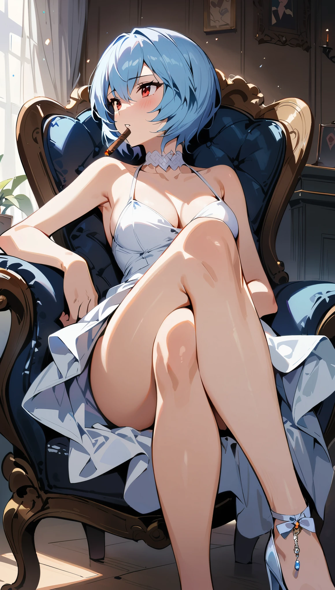 (Ayanami Rei), Ayanami Rei sat on a chair, picked up a cigar, and crossed her legs,(dress in white), very detailed expression, masterpiece, best quality, high quality, highres