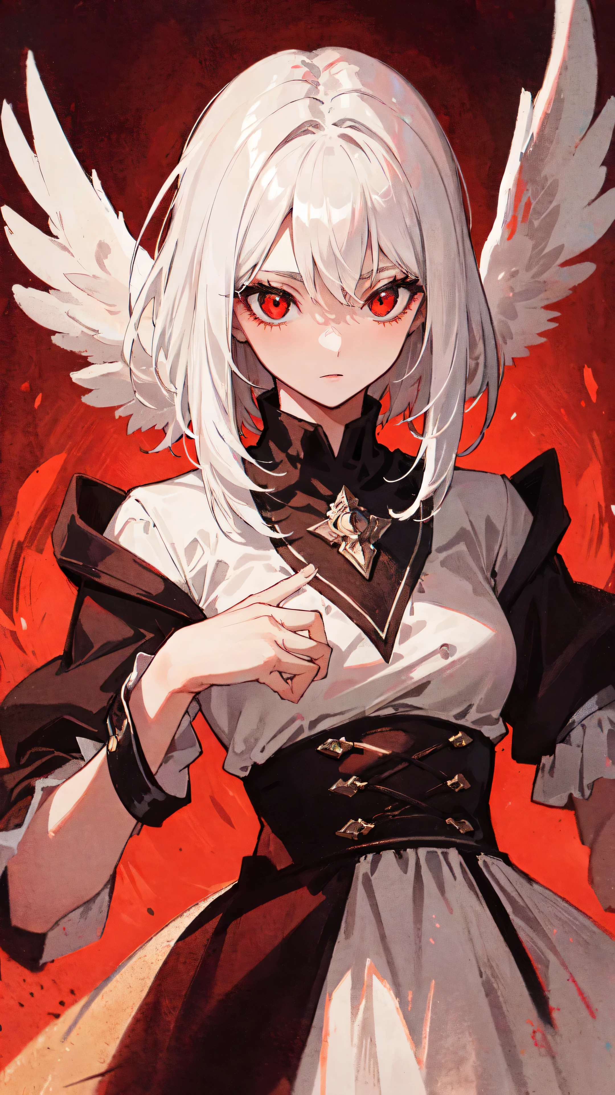 1girl angel, white hair, red eyes, redscale, monochrome