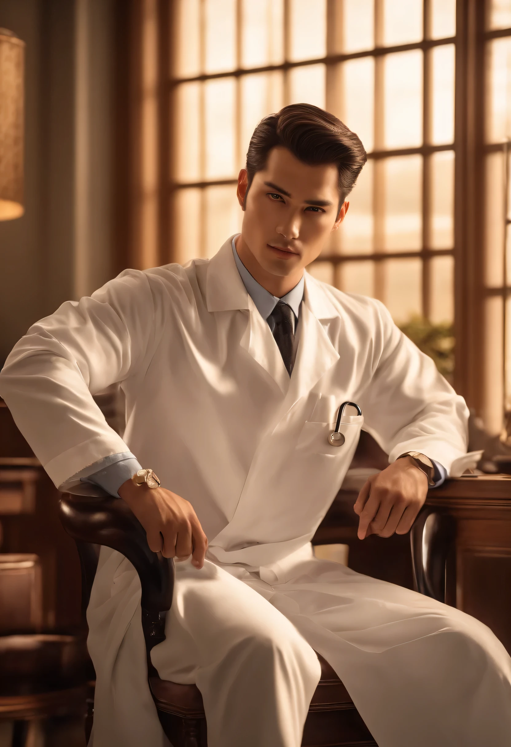 character sitting in a chair with arm raised, dark hair (neck length hair tied in a ponytail), nice pose, handsome Japanese man, pretty face, royal elegant pose, medical doctor, lab coat and stetoscope), (The surrounding environment is a luxurious and elegant doctor's office) (sand tone image)