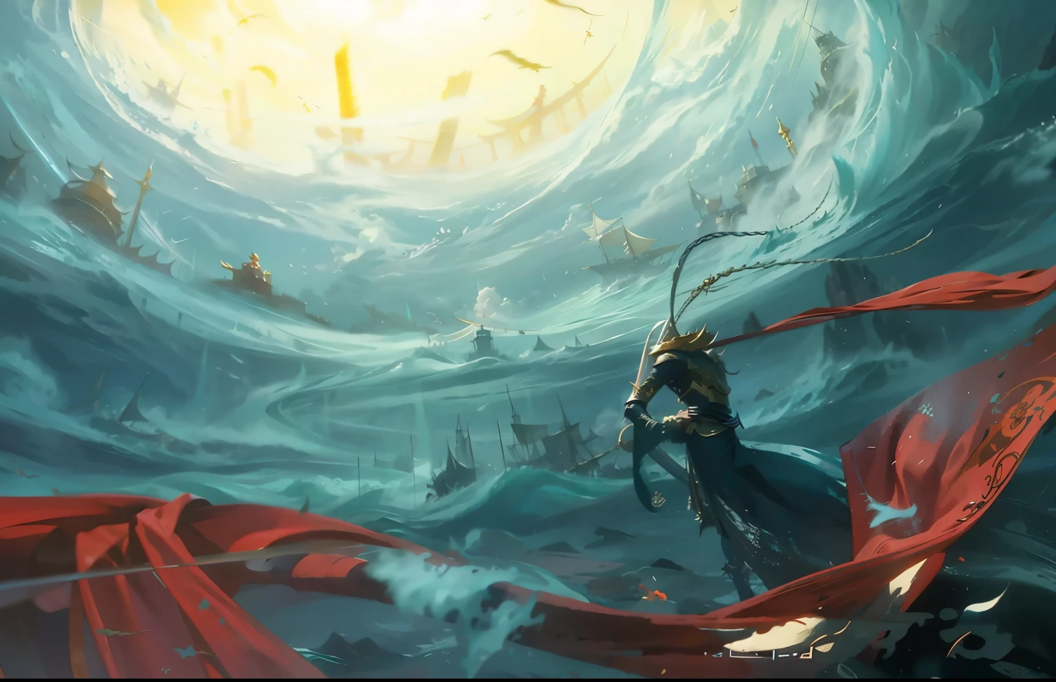 Wearing a red cape in the rough sea、Anime character holding sword, Queen of the Sea Mu Yanling, dramatic concept art, author：Yang Jie, amazing concept painting, movie fantasy painting, 2022 Concept Art, girl : The birth of the devil , Beautiful concept art, movie concept art, by Qu Leilei, epic cinematic concept art, Amazing concept art