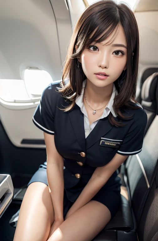 (masterpiece:1.3), High resolution, super detailed, Highly detailed CG Unity 8K wallpaper, realistic, photo-realistic, Raw photo, beautiful and detailed face, pale skin, realistic skin, fine cloth texture, detailed hair texture, perfect proportions, beautiful face, Accurate, anatomically correct, Highly detailed face and skin texture, natural neck length, (shining necklace, wedding ring), (beautiful hands), (Fair skin:1.2), thin legs, thin legs, sexy thighs,
break,
fine eyes, symmetrical eyes, light brown eyes, double eyelid, thin eyebrows, (glossy lips:1.4), ((provocative face:1.2)), (blush:1.1),
break,
(Elegant flight attendant girl), (Wearing a flight attendant uniform:1.2), (Show me some panties),
(medium big breasts), (slender body shape:1.2),
(dark brown hair, wavy hair), ((medium hair, asymmetrical bangs:1.2)), (upper body shot:1.2), ((from below:1.3)), ((focus on feet:1.2))
break,
((Sit on the seat with your legs raised to your chest:1.3)),
